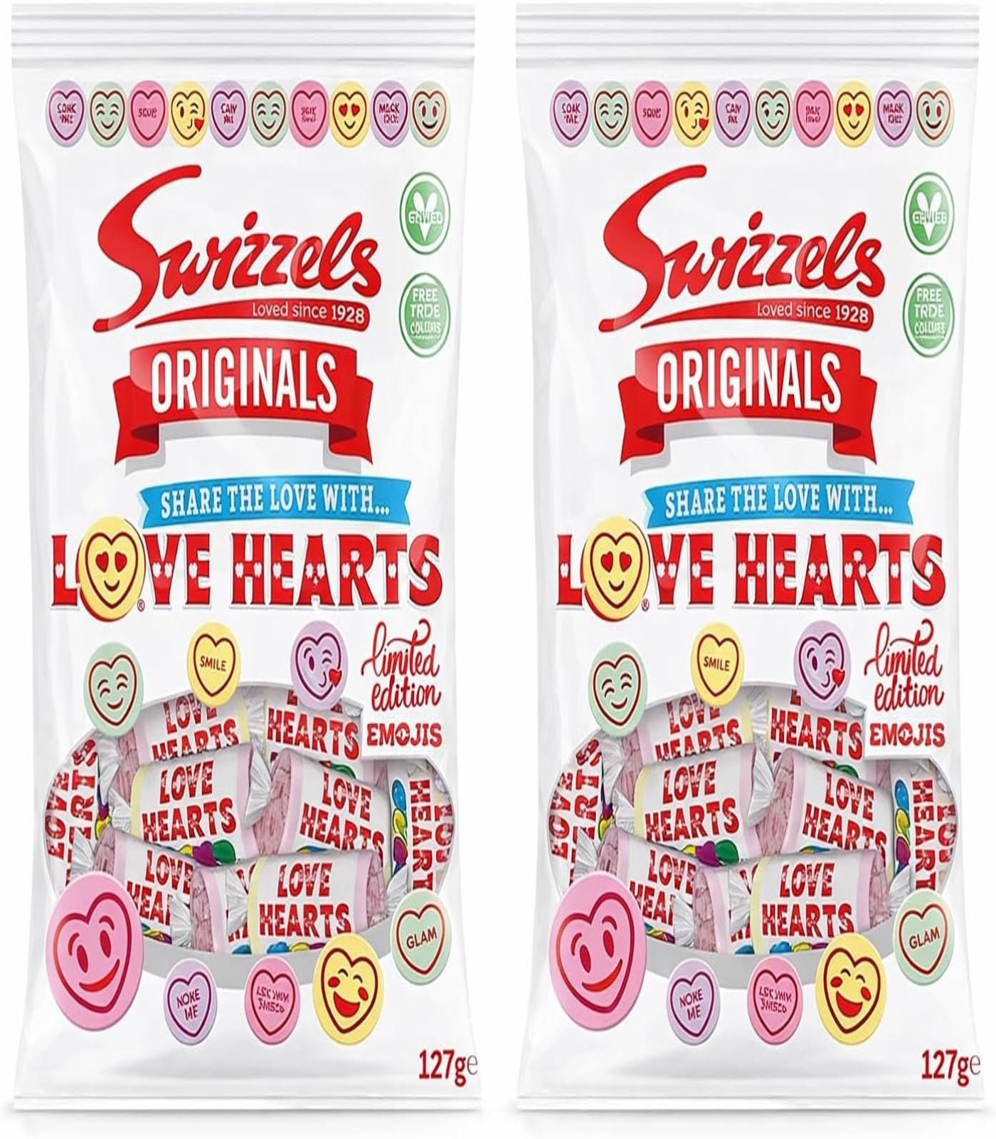 Originals Love Hearts Sweets 2 Pack (127g Each) – Classic Retro Candy Rolls, Share Size Bags