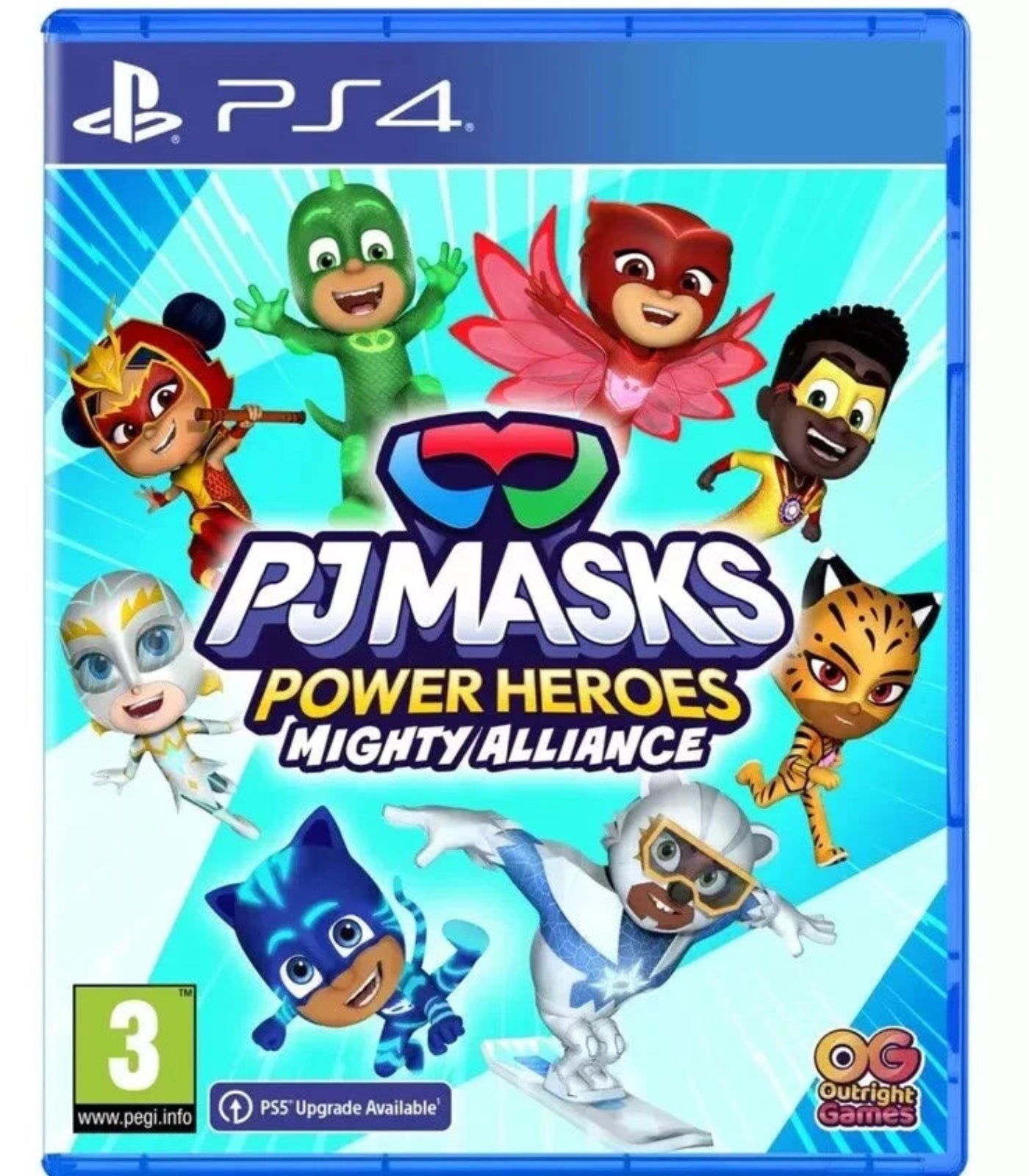 PS4 game cover for 'PJ Masks: Power Heroes Mighty Alliance' featuring animated characters.