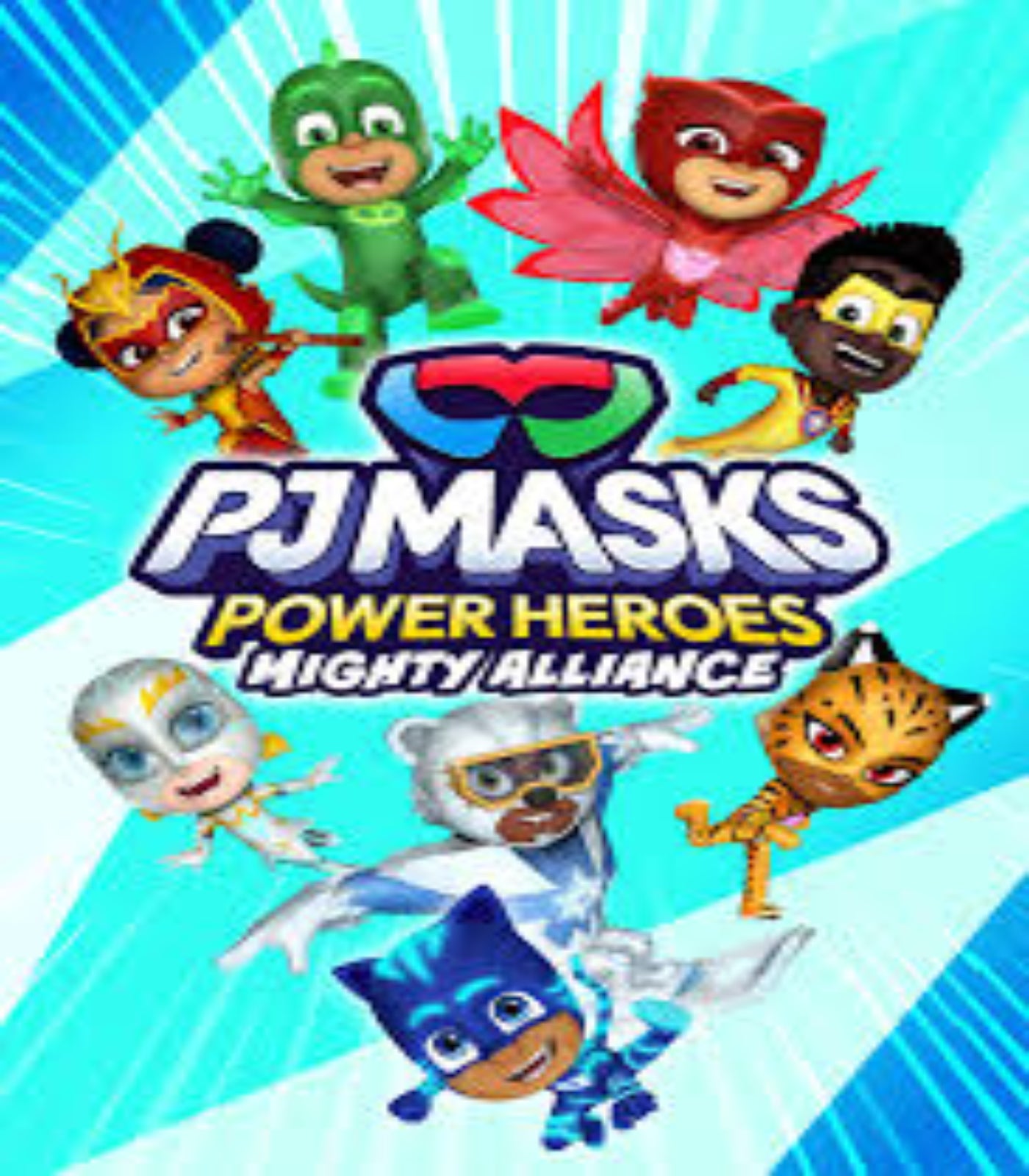 PJ Masks cartoon characters with superhero powers on a blue background