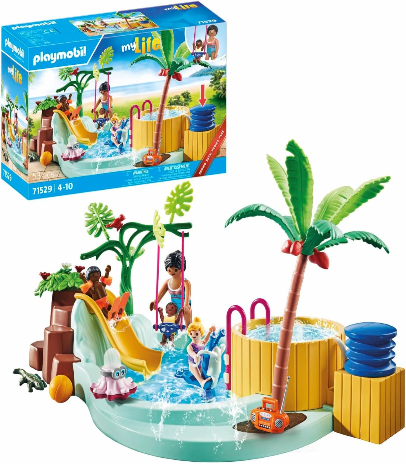 Playmobil water park set with palm tree and children playing, including packaging.