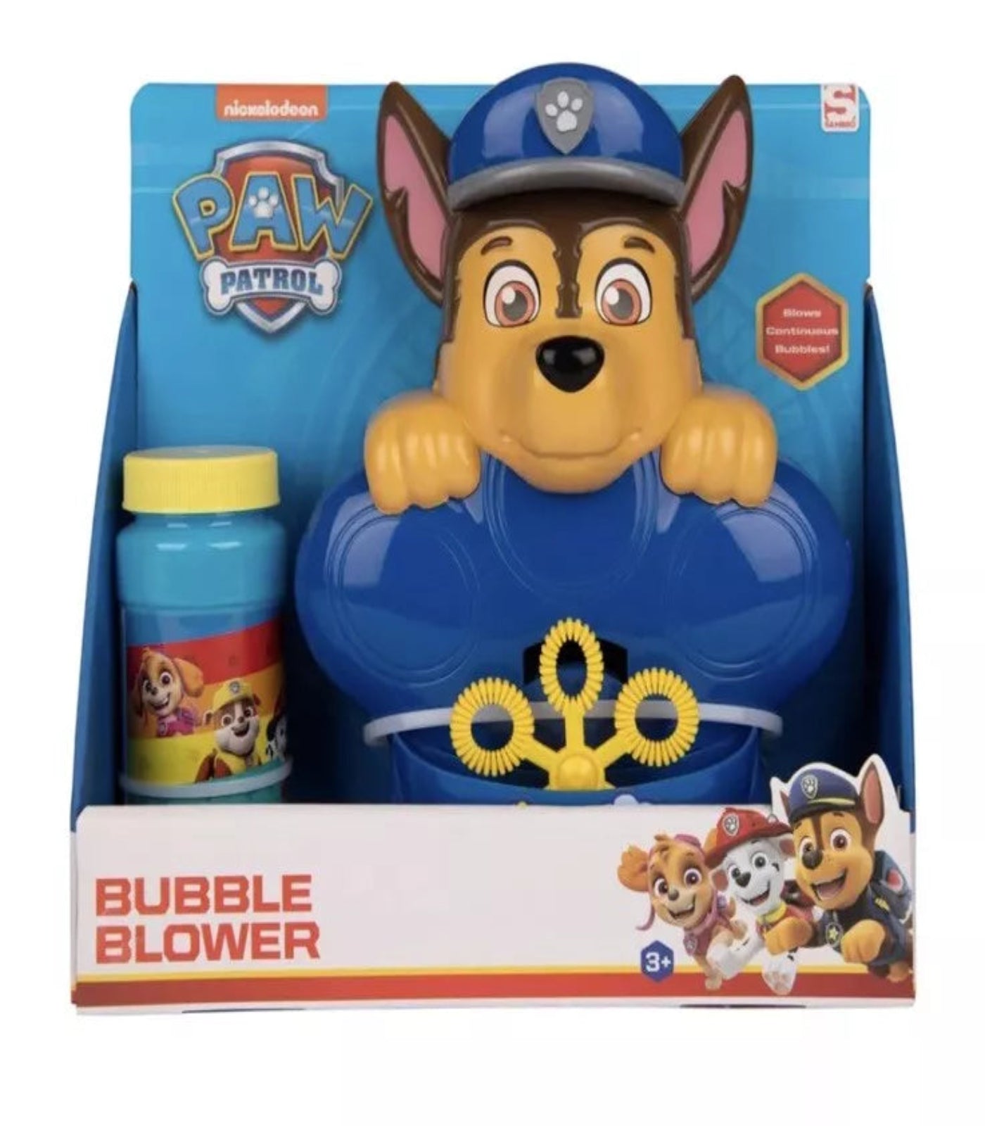 Paw Patrol bubble blower toy in packaging with bubble solution bottle