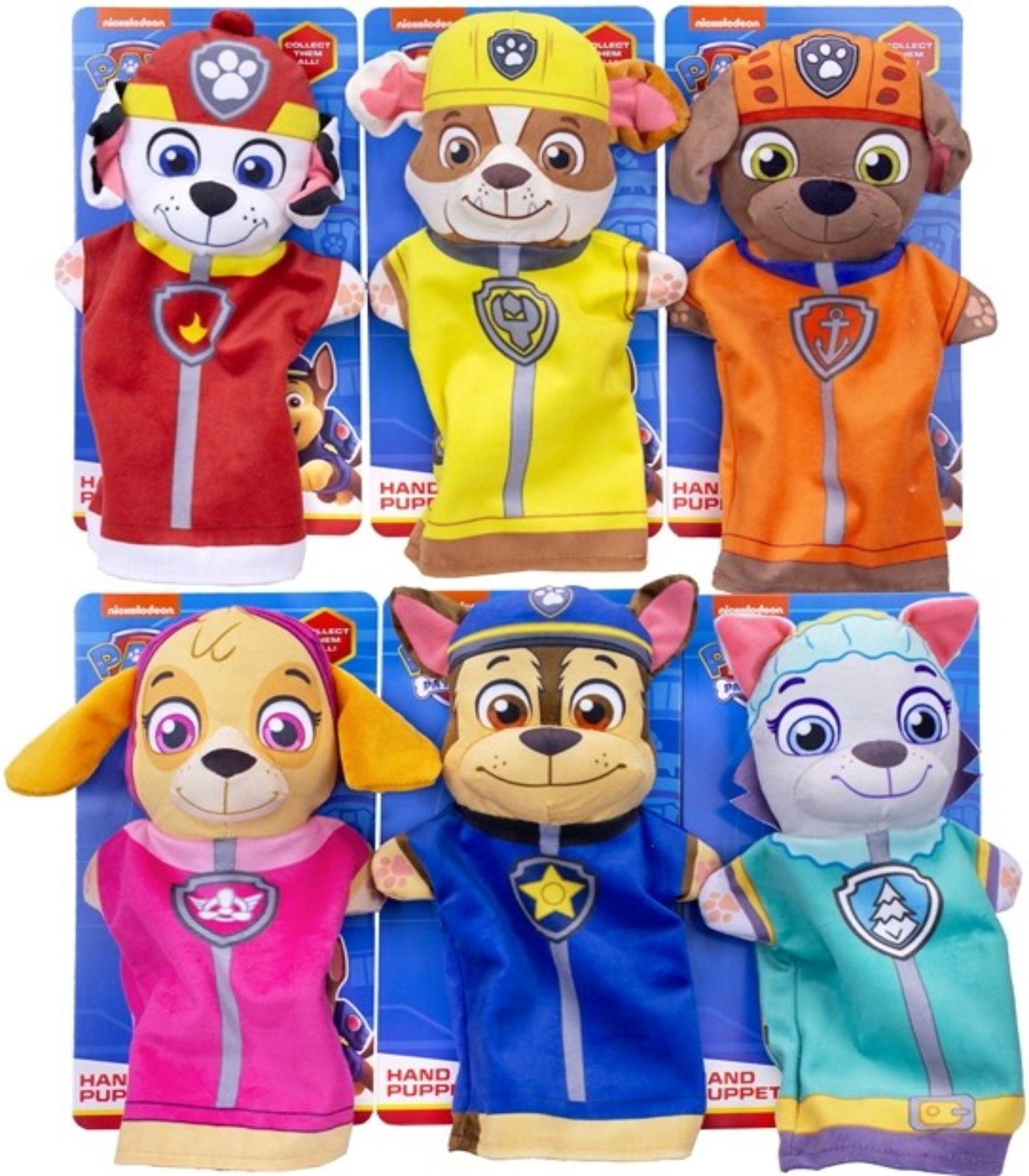 Set of six Paw Patrol hand puppets in colorful costumes on packaging