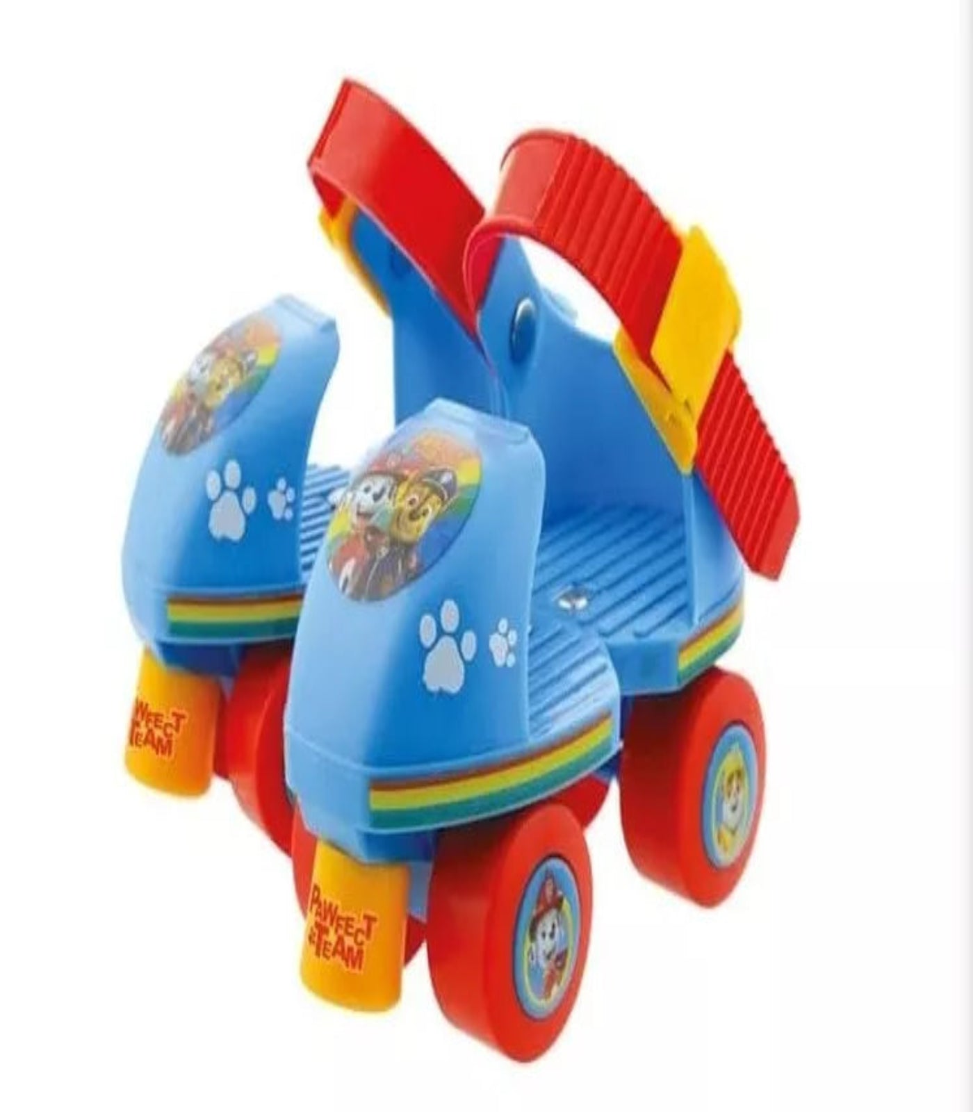 Colorful toy roller skates with Paw Patrol design on a white background