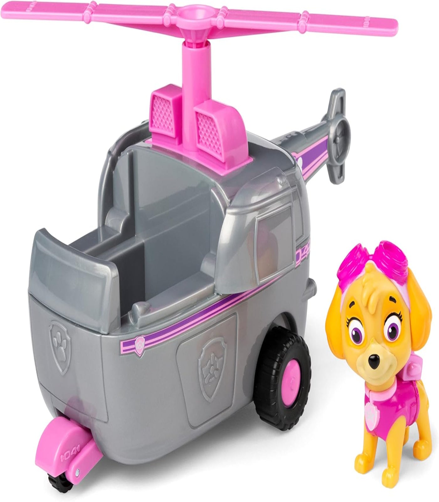 Toy helicopter with pink top and gray body, accompanied by a toy dog figure on a white background