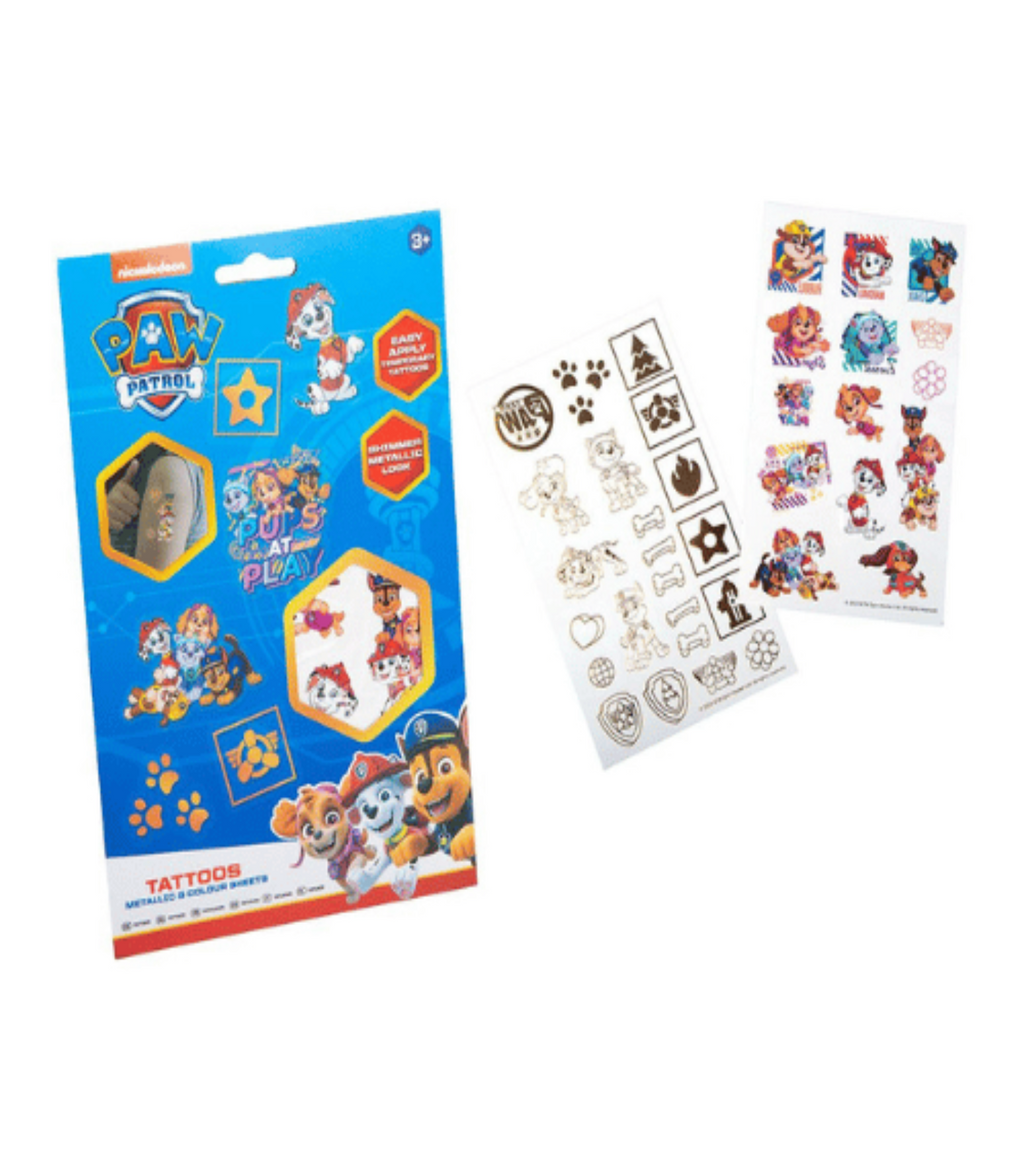 Paw Patrol tattoo set packaging with two sheets of tattoos on a white background