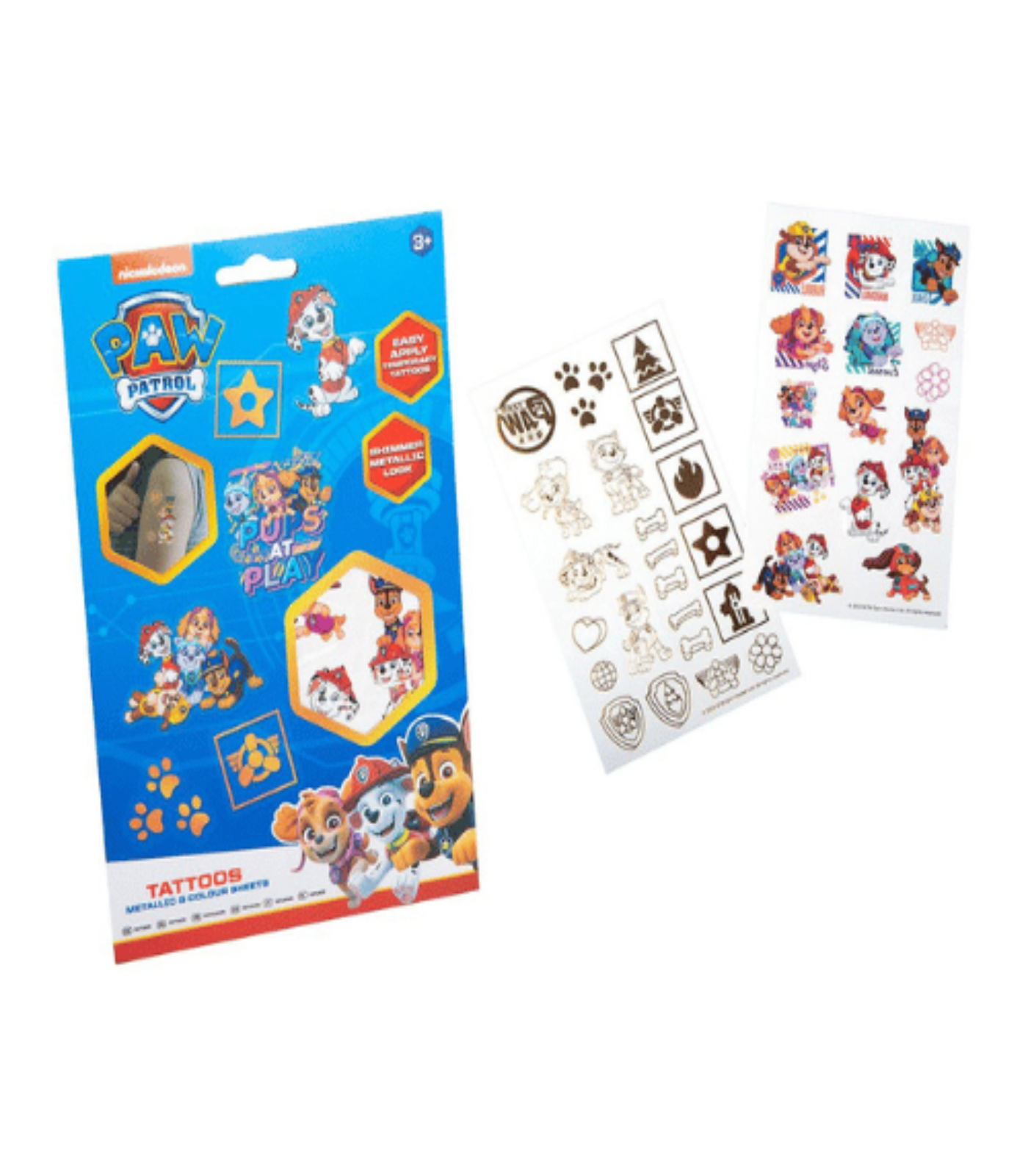 Paw Patrol tattoo set packaging with two sheets of tattoos on a white background