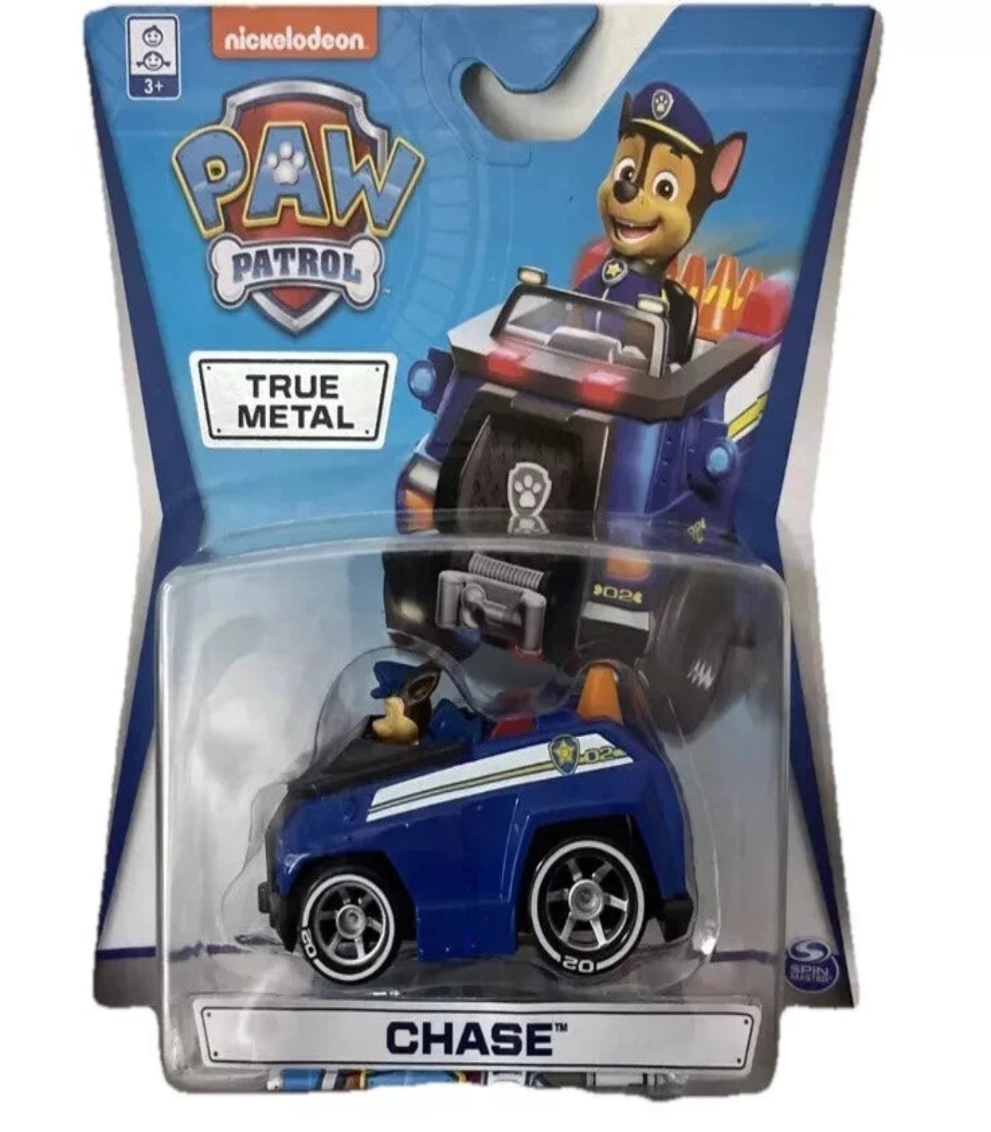 Paw Patrol toy car in packaging with Chase character on blue background