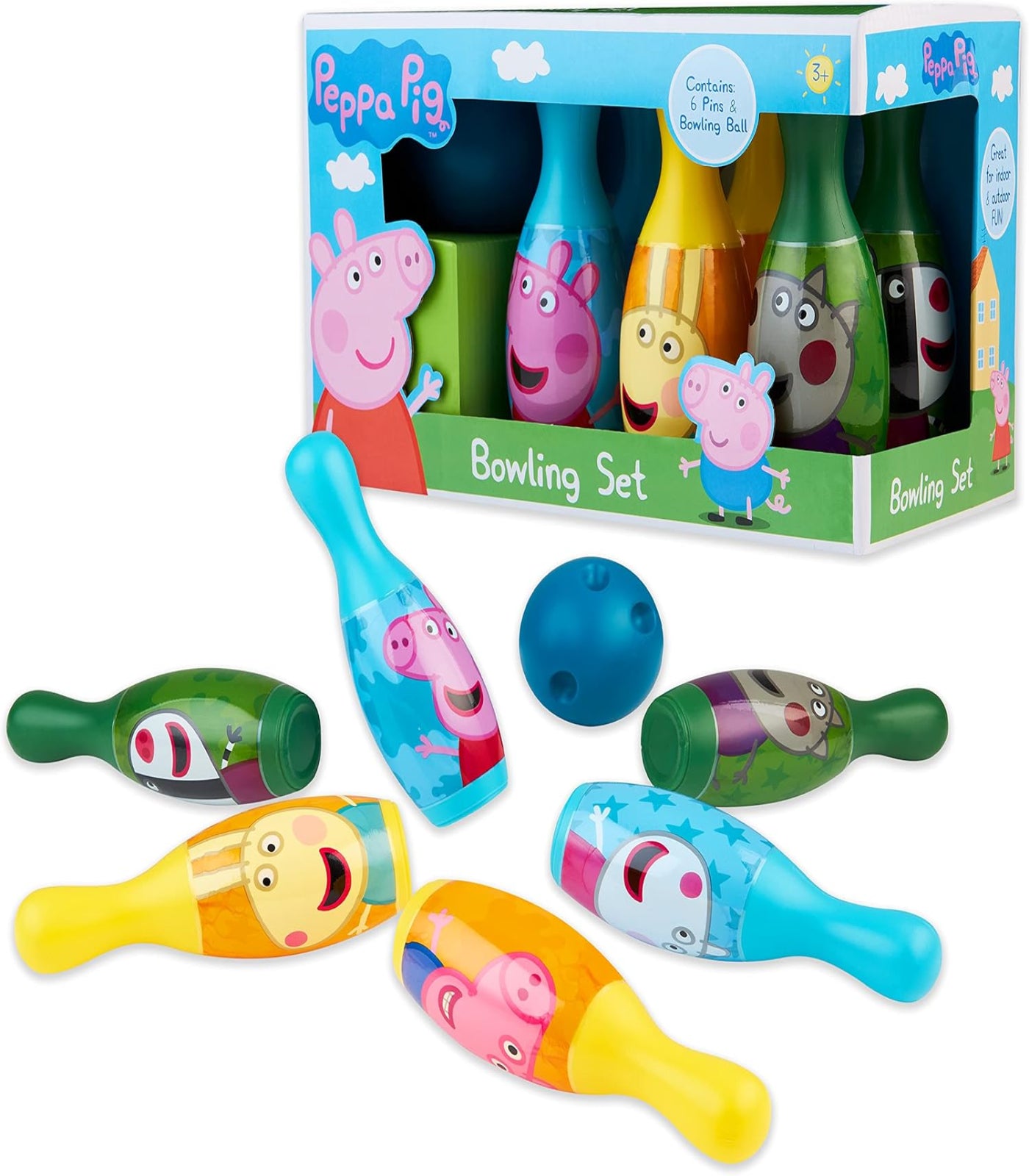 Peppa Pig bowling set with colorful pins and ball against a white background