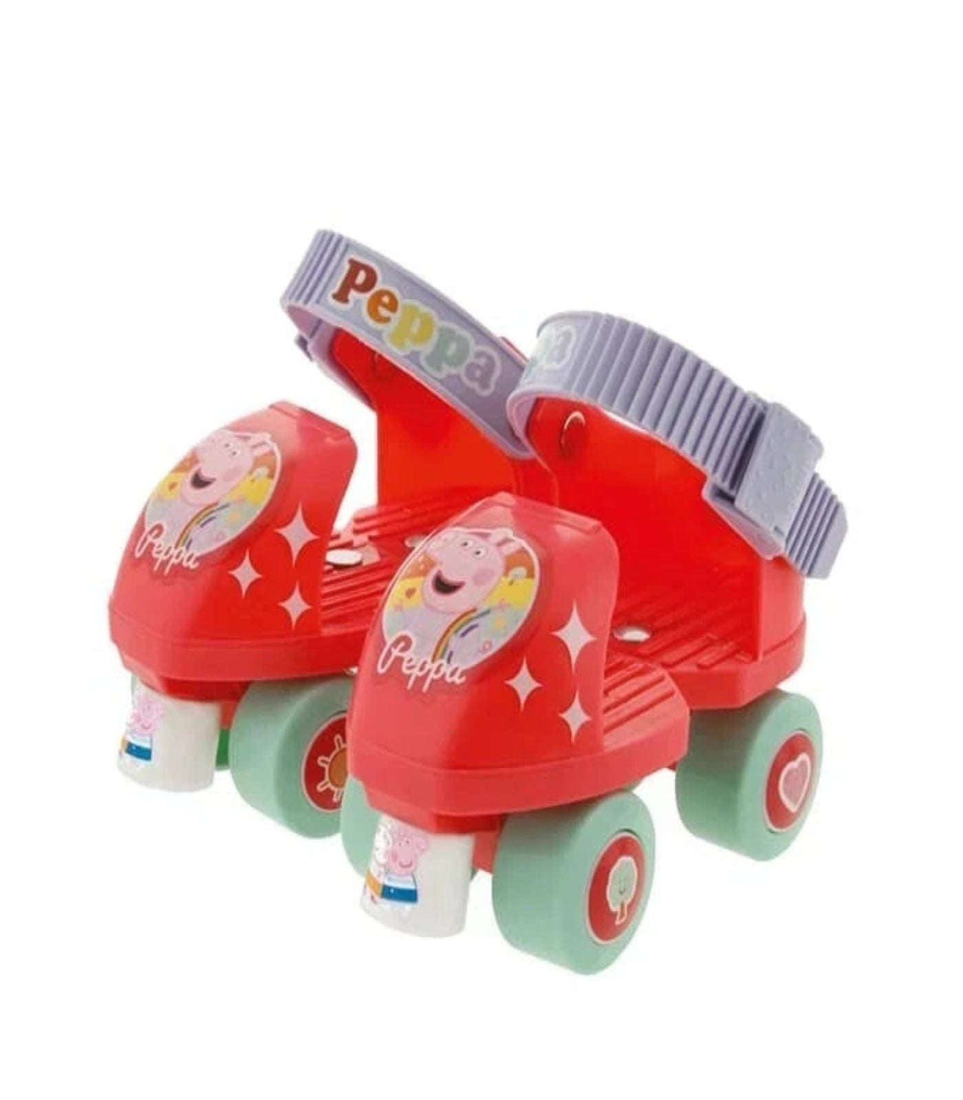 Red roller skates with 'Peppa' branding on a white background