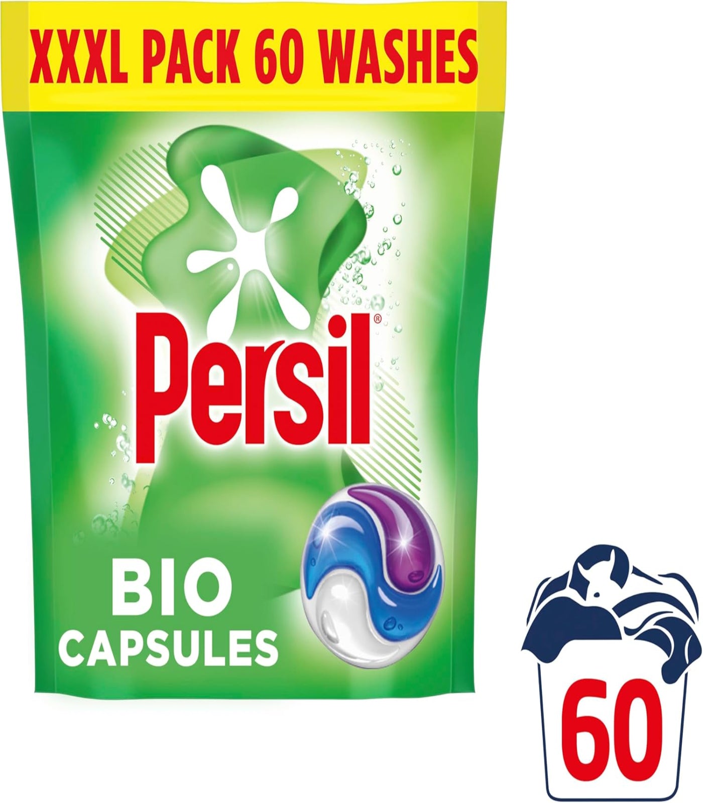 Persil Bio Capsules packaging with 60 washes indication on a white background