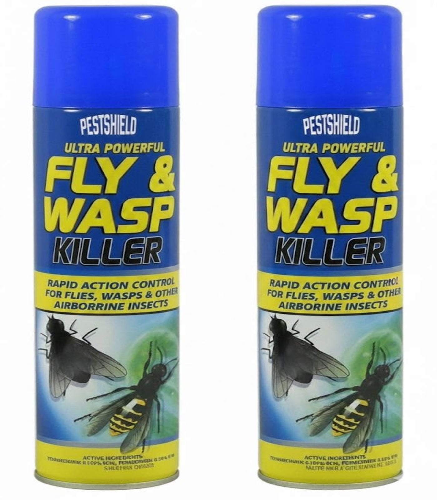 Two cans of Pestshield Fly & Wasp Killer on a white background