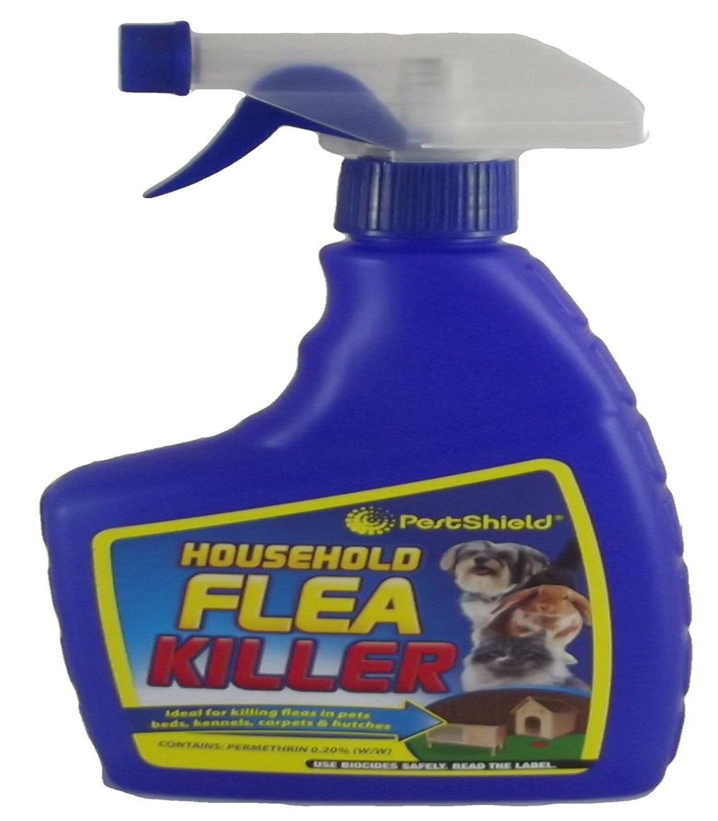 Blue spray bottle labeled 'Household Flea Killer' on a white background