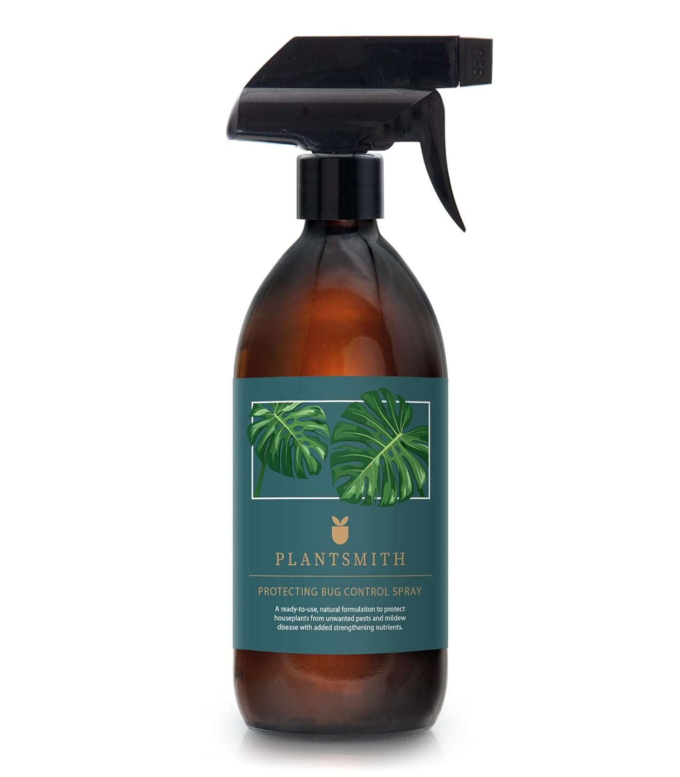 Brown spray bottle with black nozzle labeled 'Plantsmith' on a white background