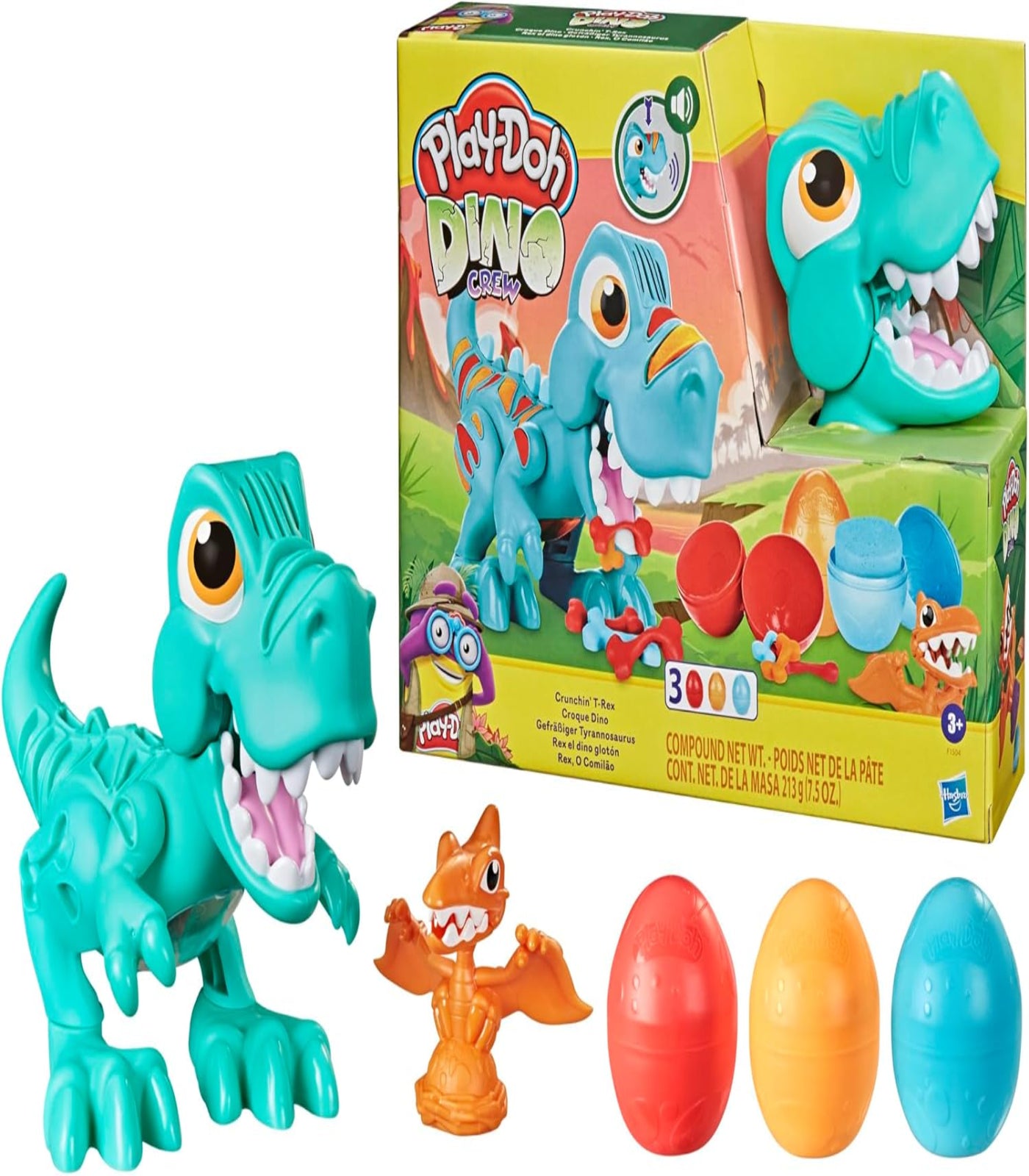 Play-Doh Dino set with two toy dinosaurs and a box in the background