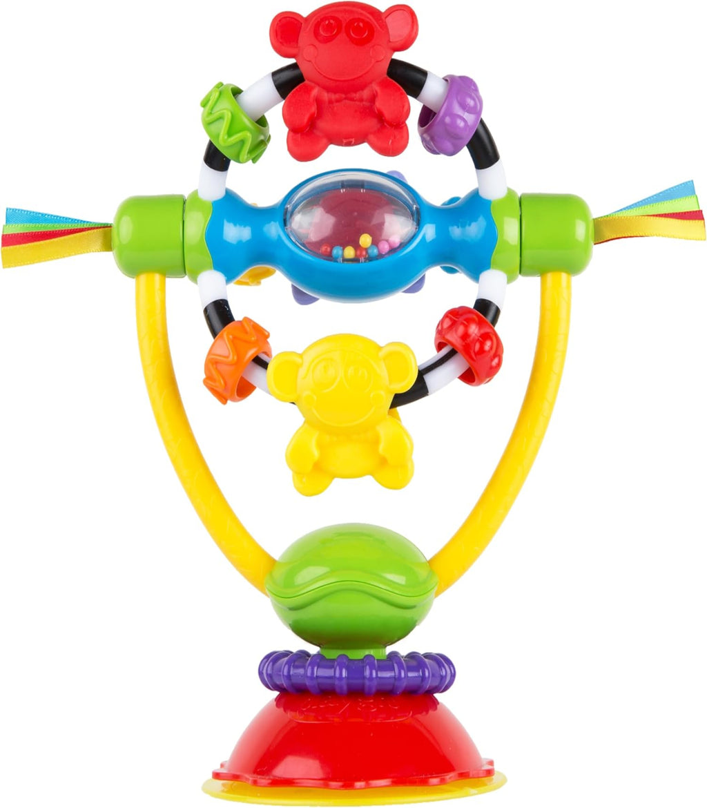 Colorful baby toy with various shapes and textures on a white background