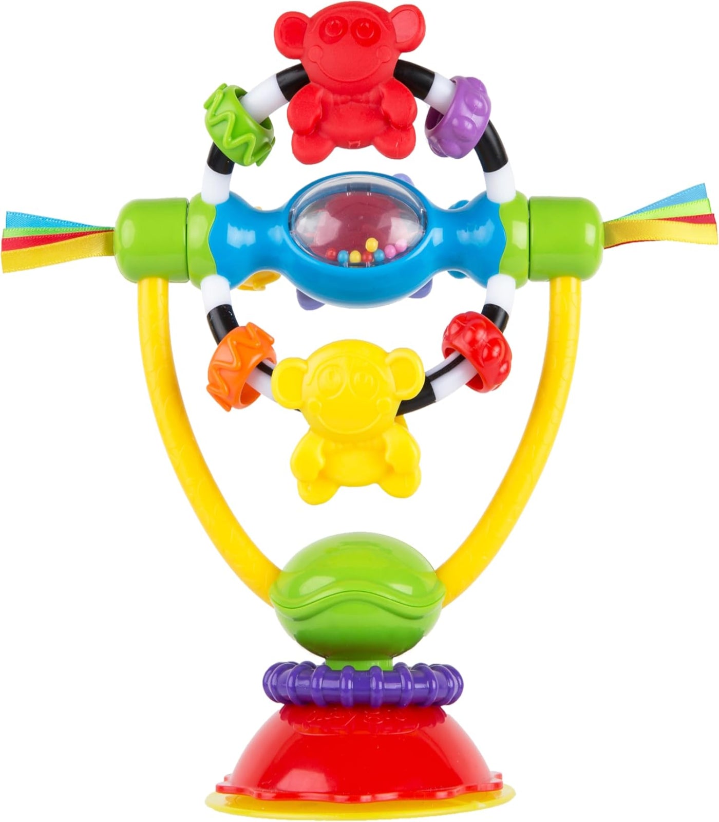 Colorful baby toy with various shapes and textures on a white background