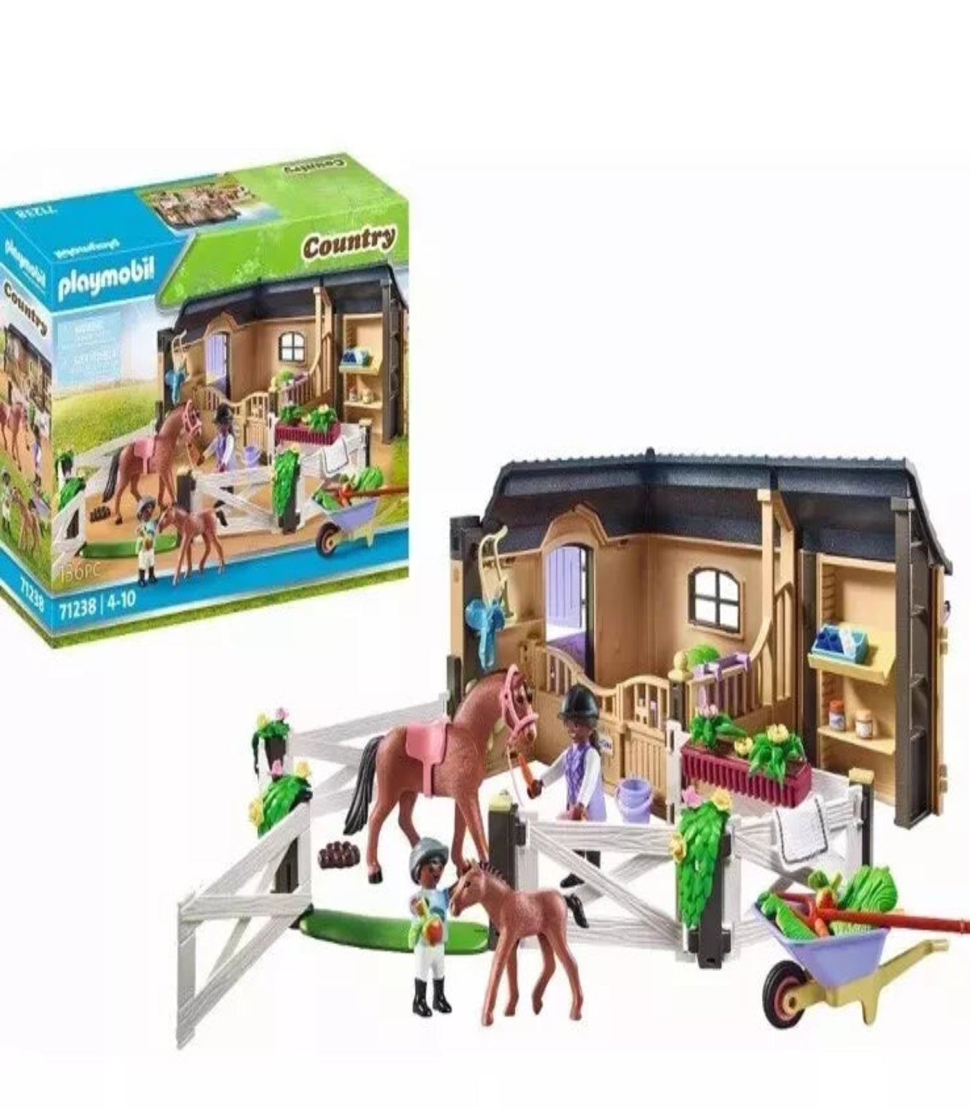 Playmobil Country toy set with horse stable and figures on a white background