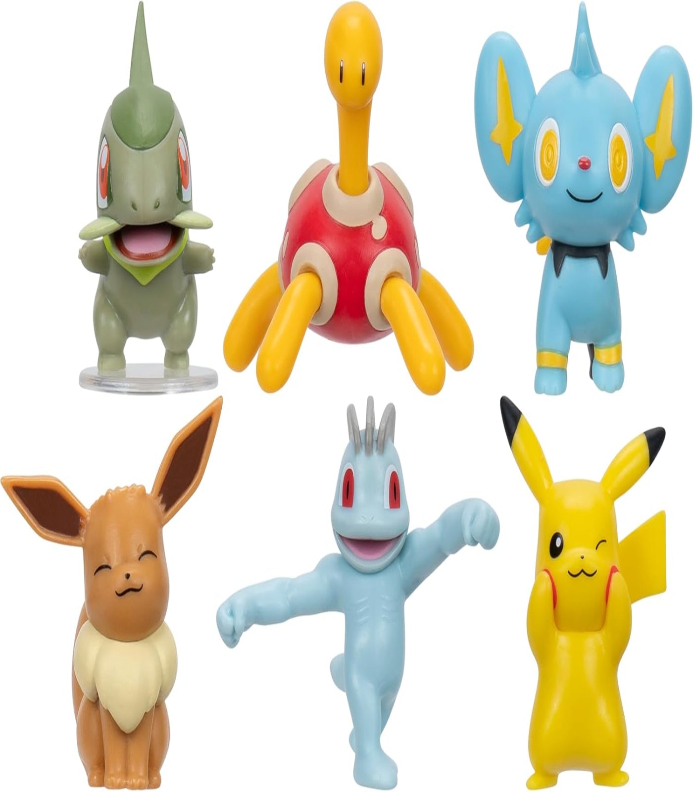 Set of six colorful cartoon character figurines on a white background