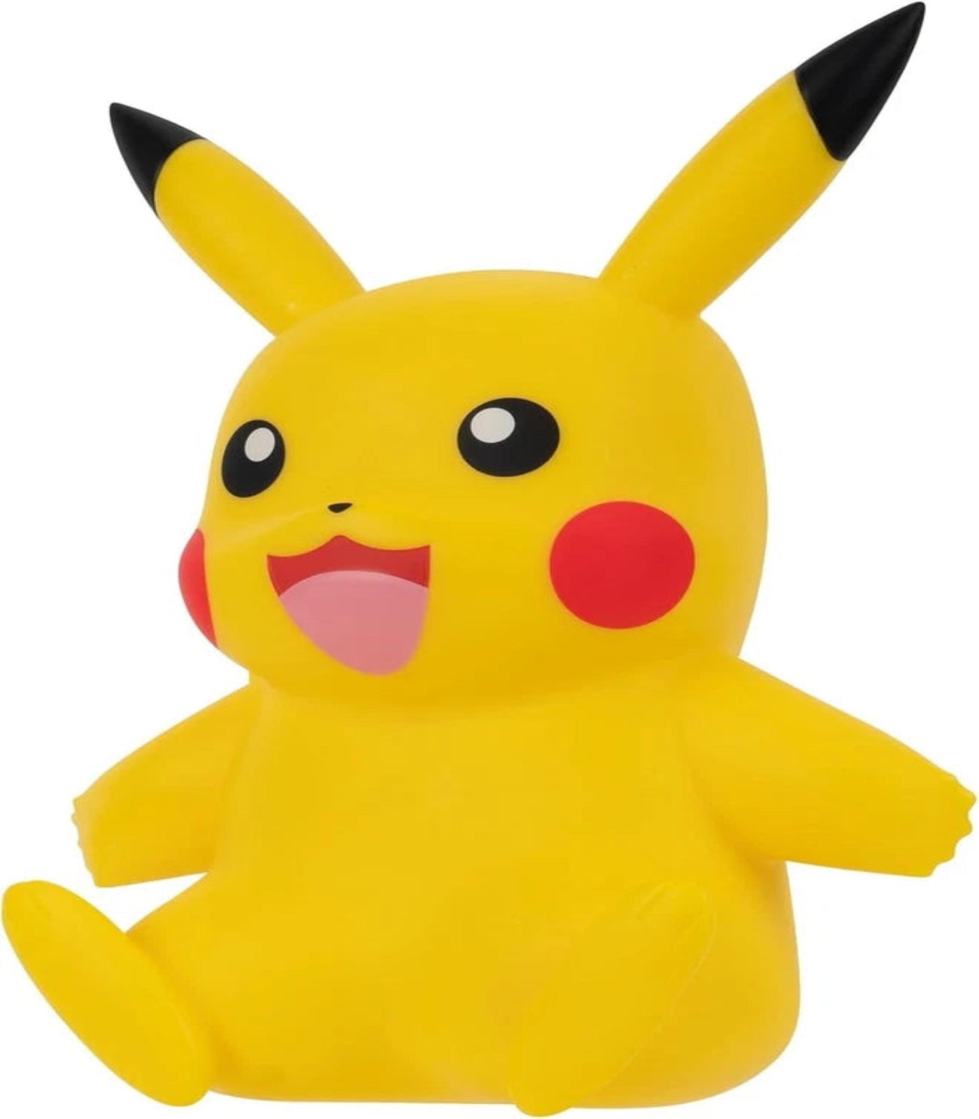 Yellow cartoon character with black ears and red cheeks on a white background