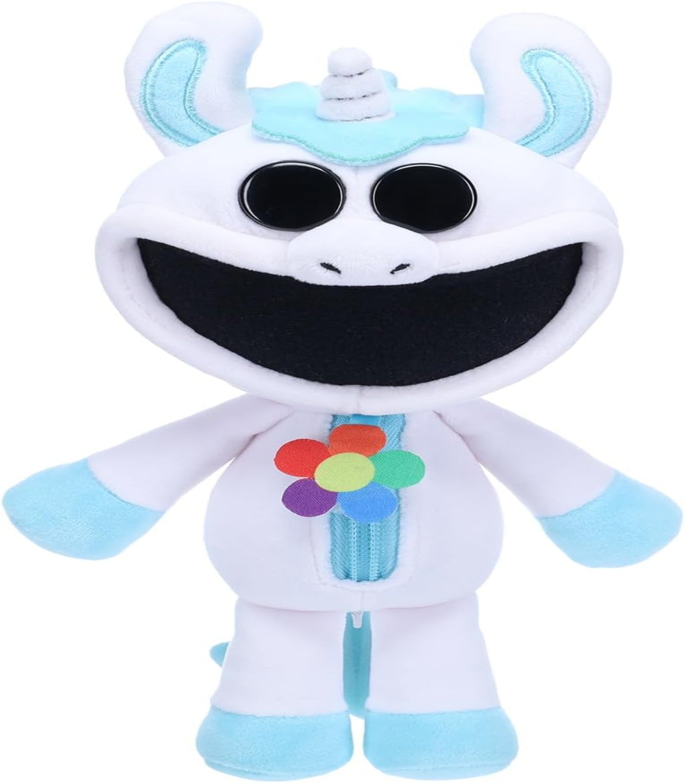 Plush toy with a unicorn design featuring large eyes and a colorful flower on its chest.