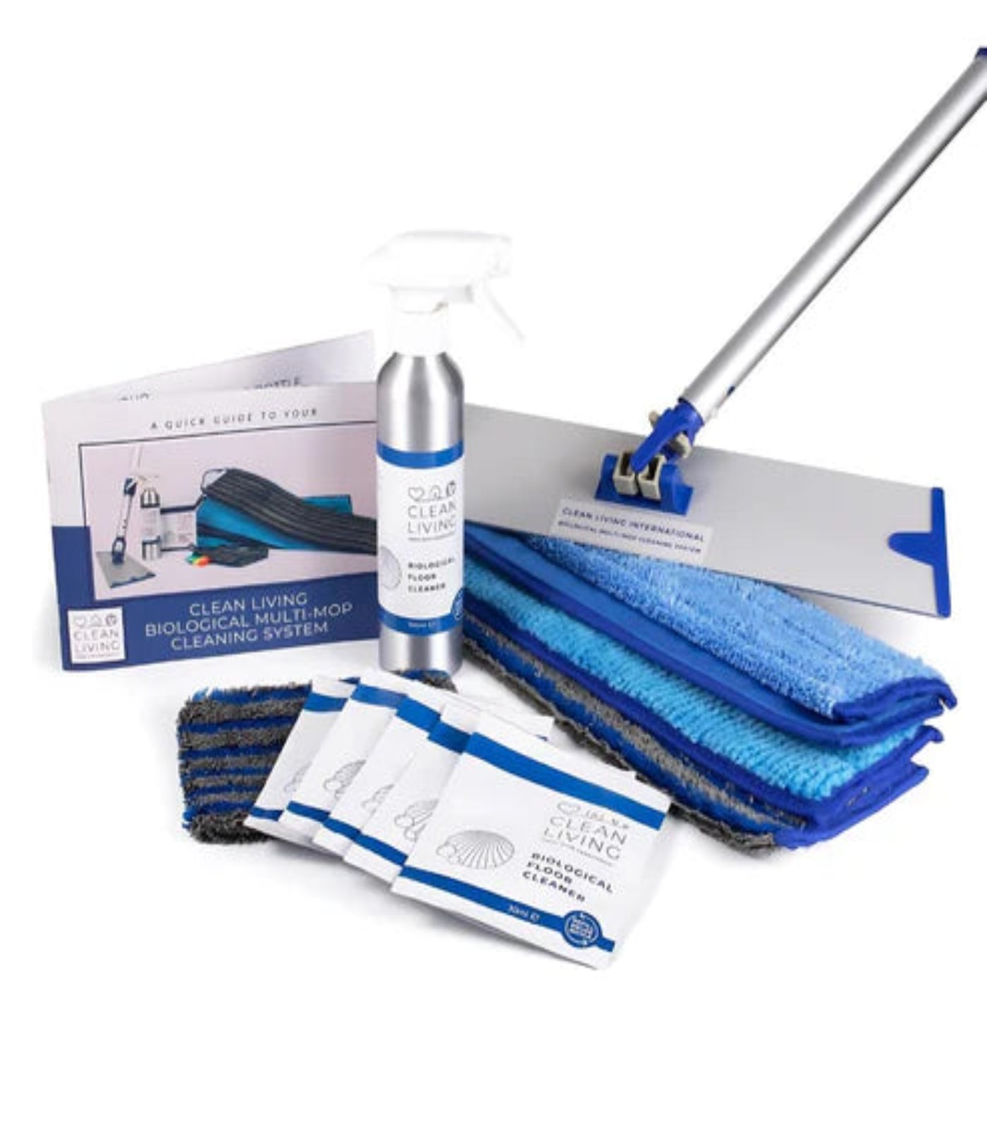 Cleaning system with mop, cloths, and spray bottle on a white background