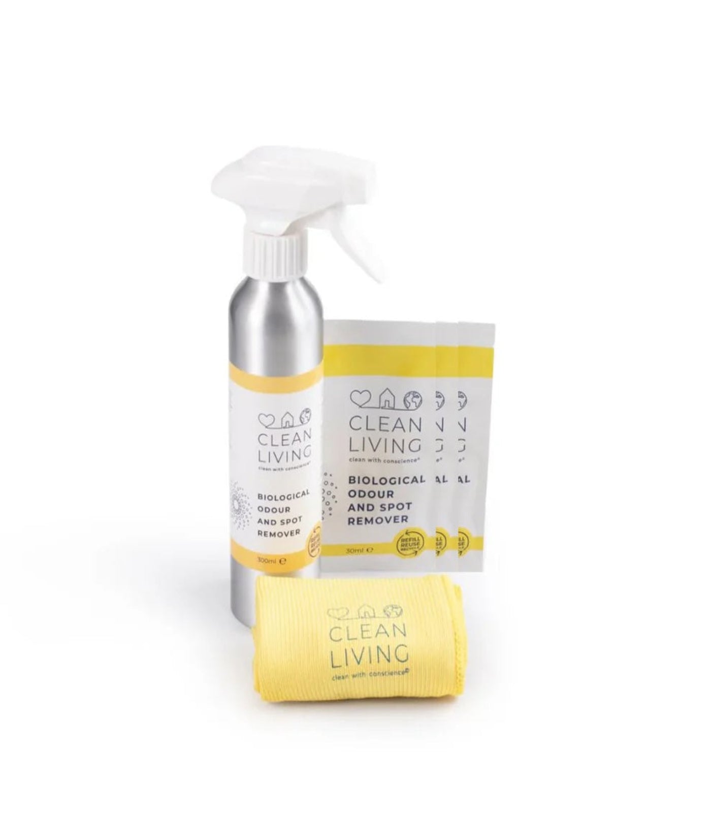 Clean Living biological odour and spot remover with a spray bottle, packet, and yellow cloth on a white background.