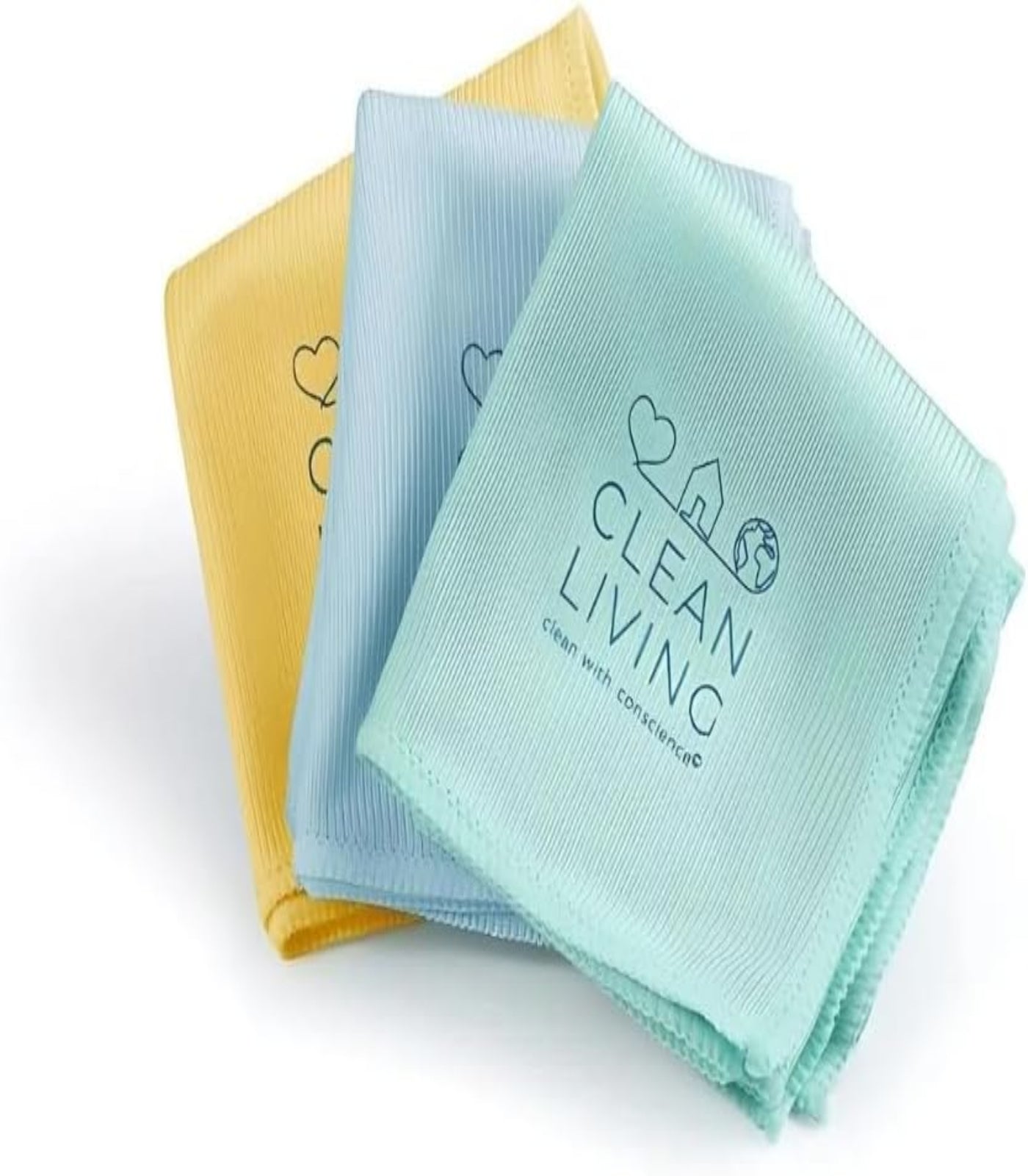 Three microfiber cleaning cloths in yellow, blue, and green with 'Clean Living' branding on a white background.