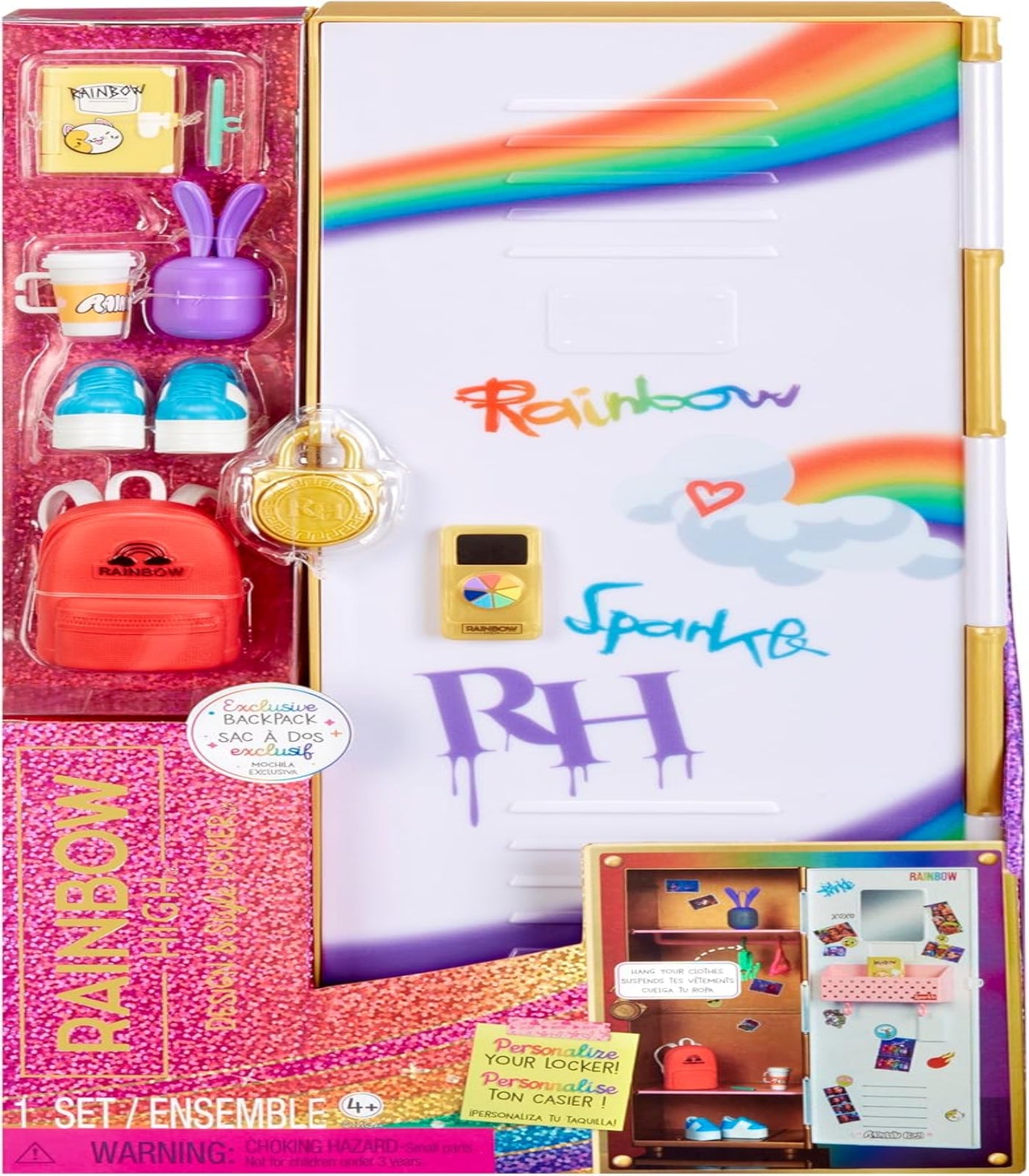 Toy set with backpack, stationery items, and a colorful box labeled 'Rainbow Sparkle RH'.
