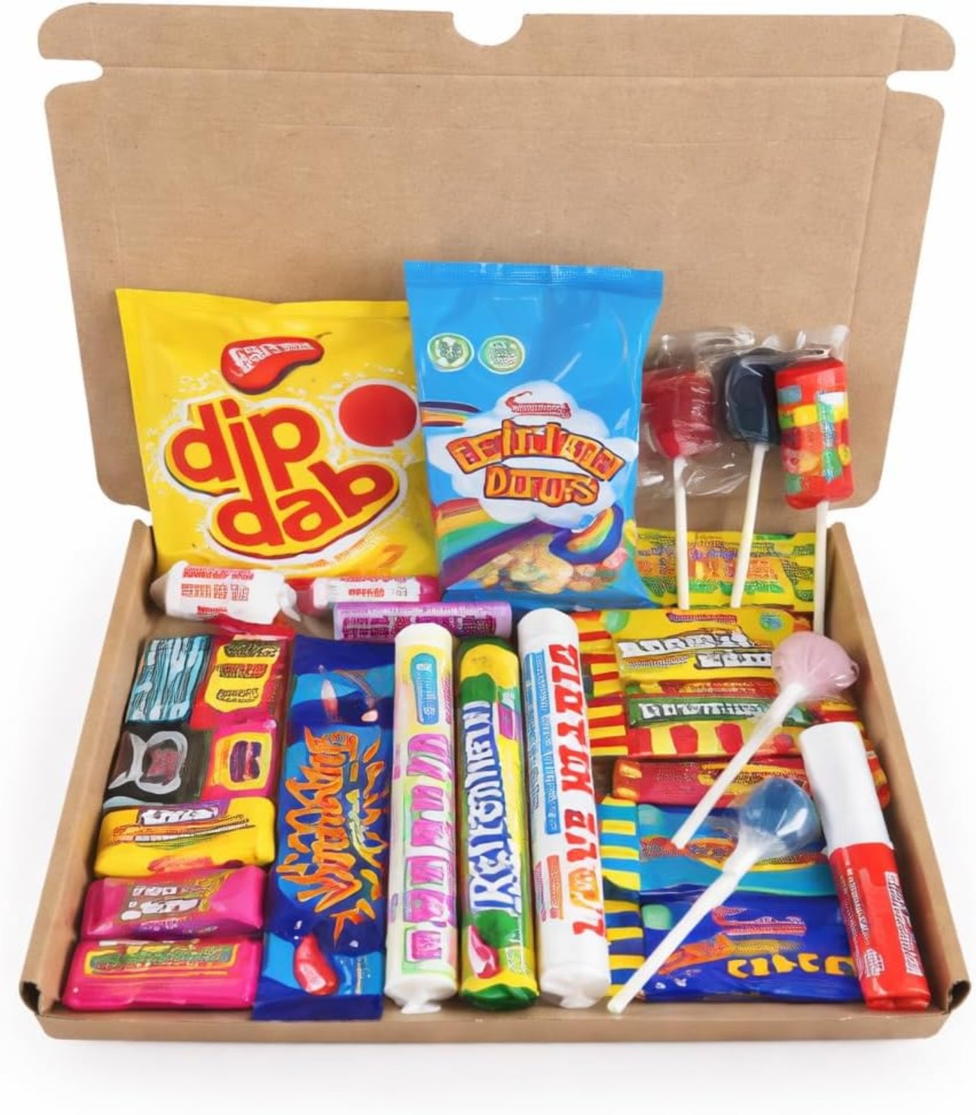 Assorted candy and lollipop box with colorful packaging on a white background
