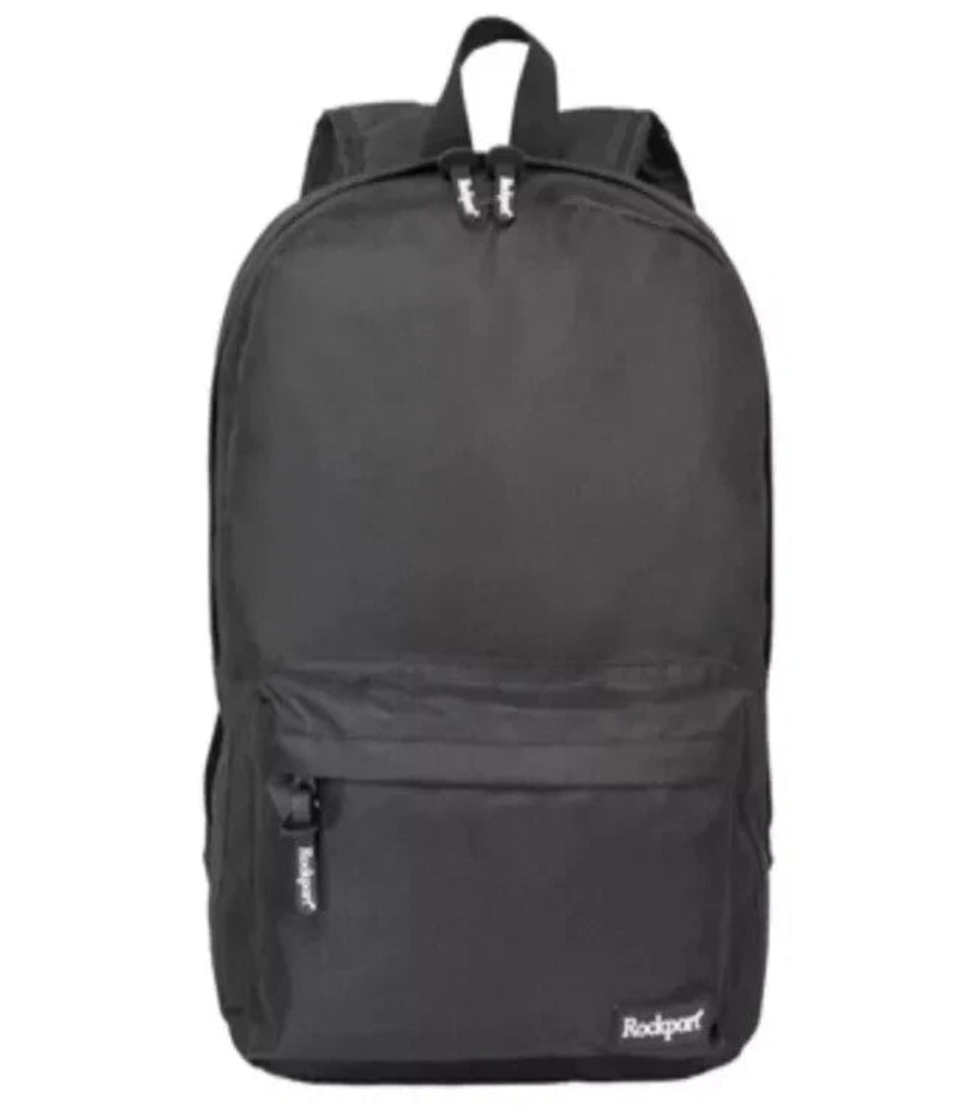 Black backpack with 'Rockport' branding on a white background