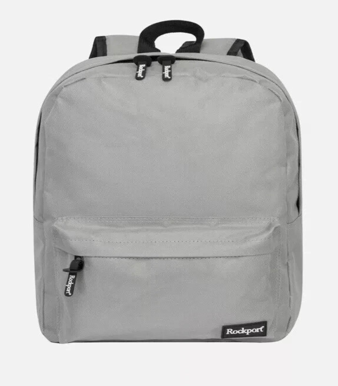 Gray backpack with a visible brand logo on a white background