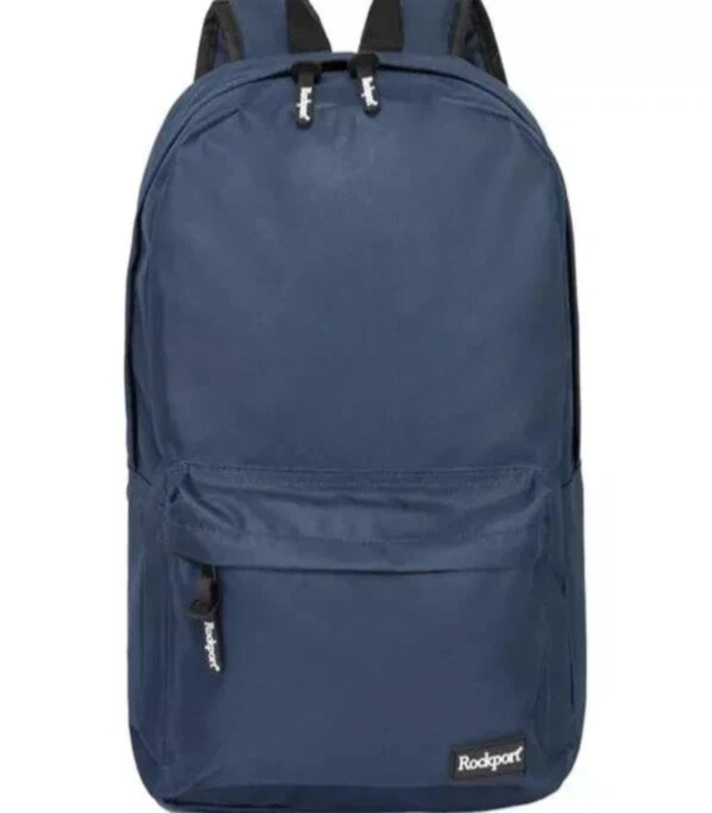 Navy blue backpack with 'Rockport' branding on a white background