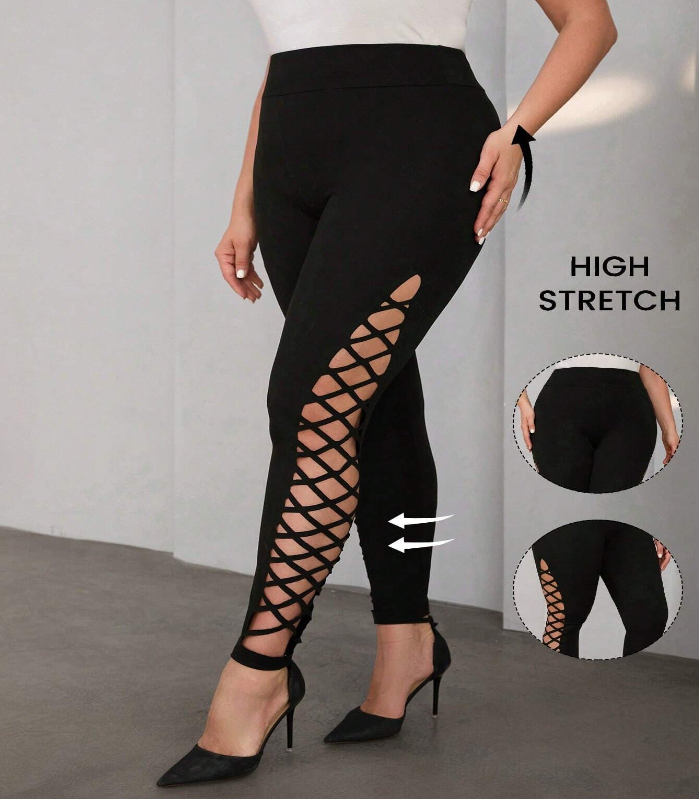 Black leggings with lattice design on a gray background