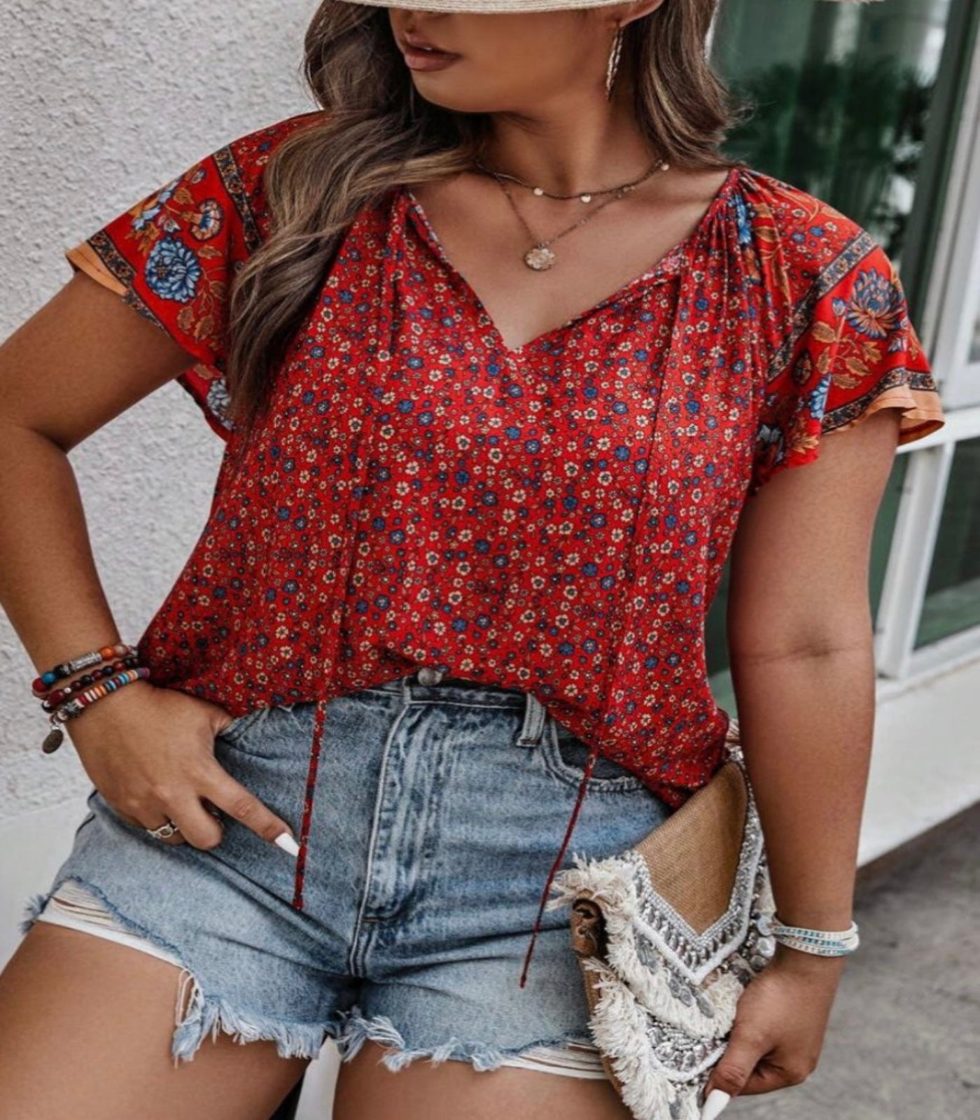SHEIN Red Floral Blouse Size XL