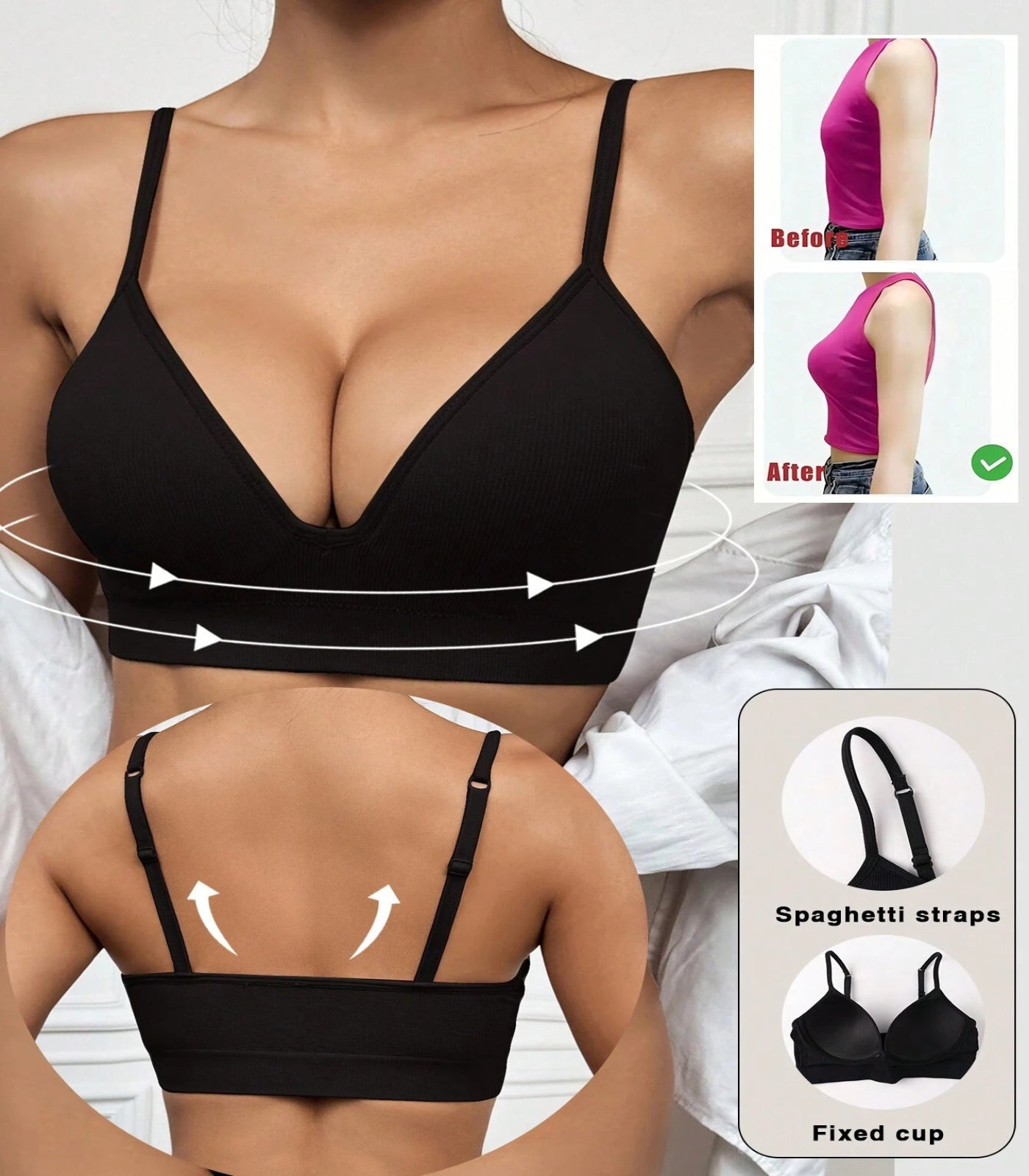 Black bra with spaghetti straps and fixed cup design on a white background