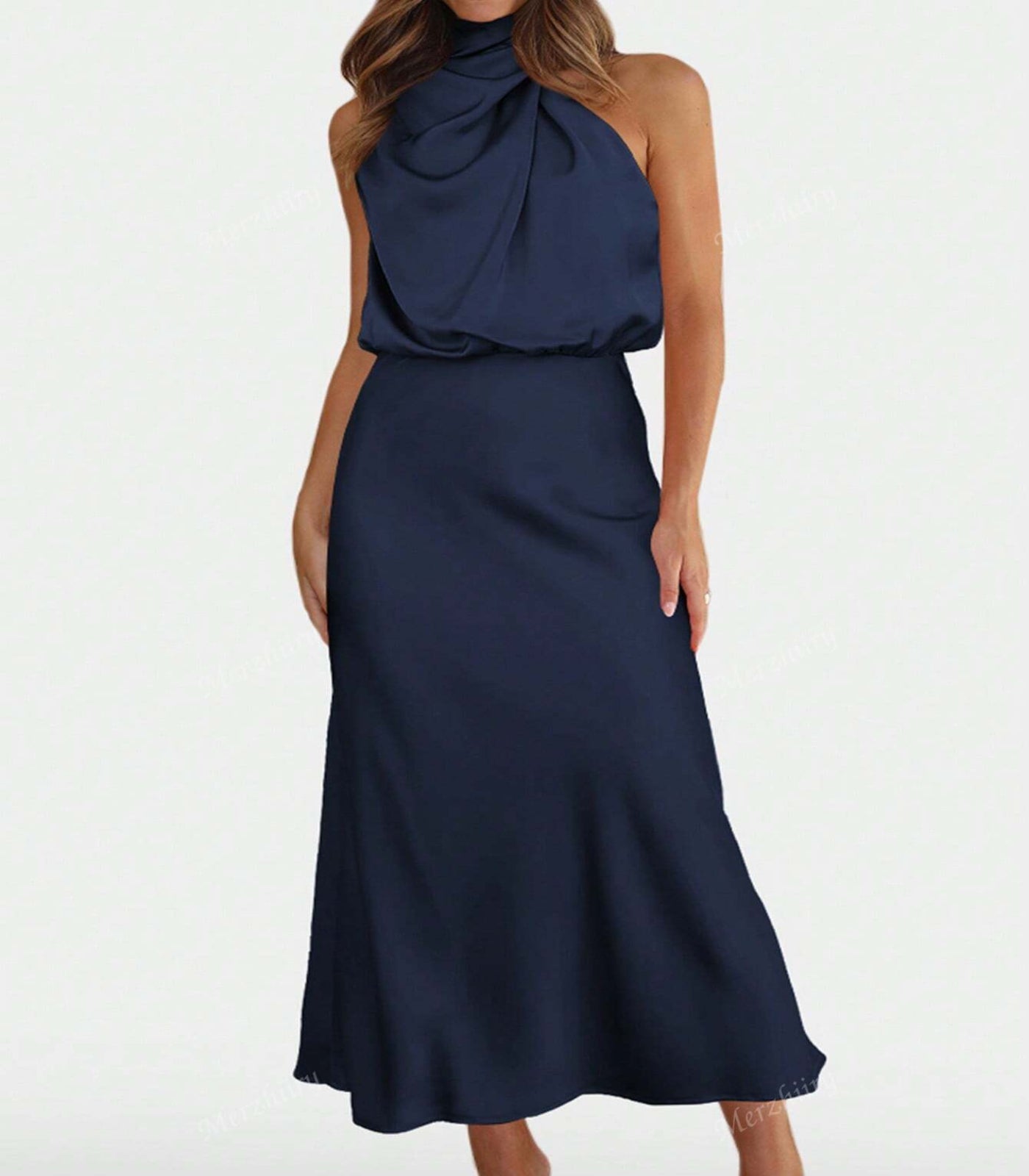 Navy blue halter neck dress on a white background