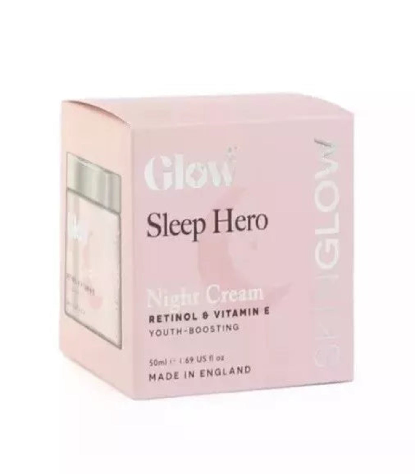 Pink packaging of 'Glow Sleep Hero Night Cream' on a white background