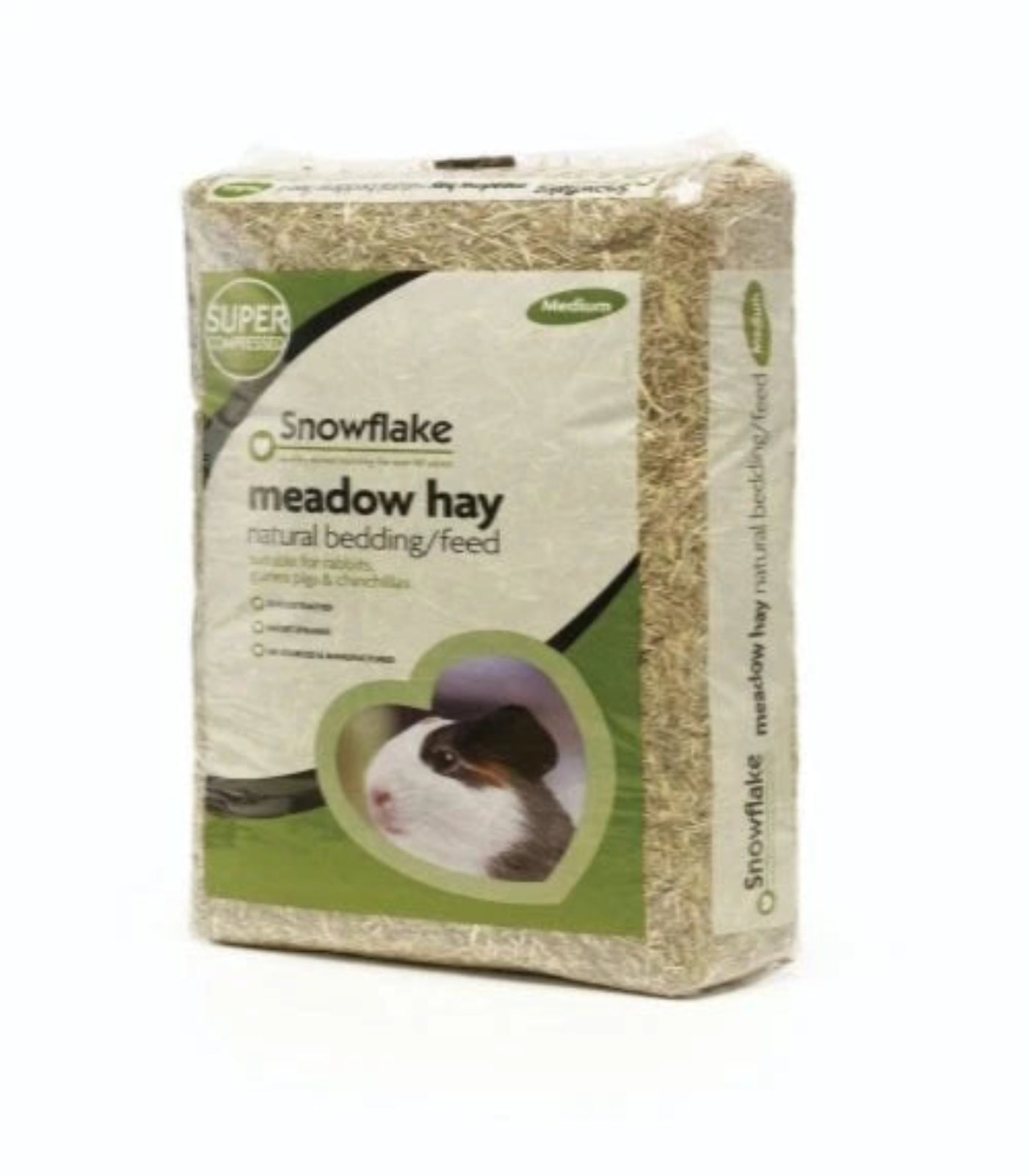 Snowflake meadow hay packaging for pets on a white background