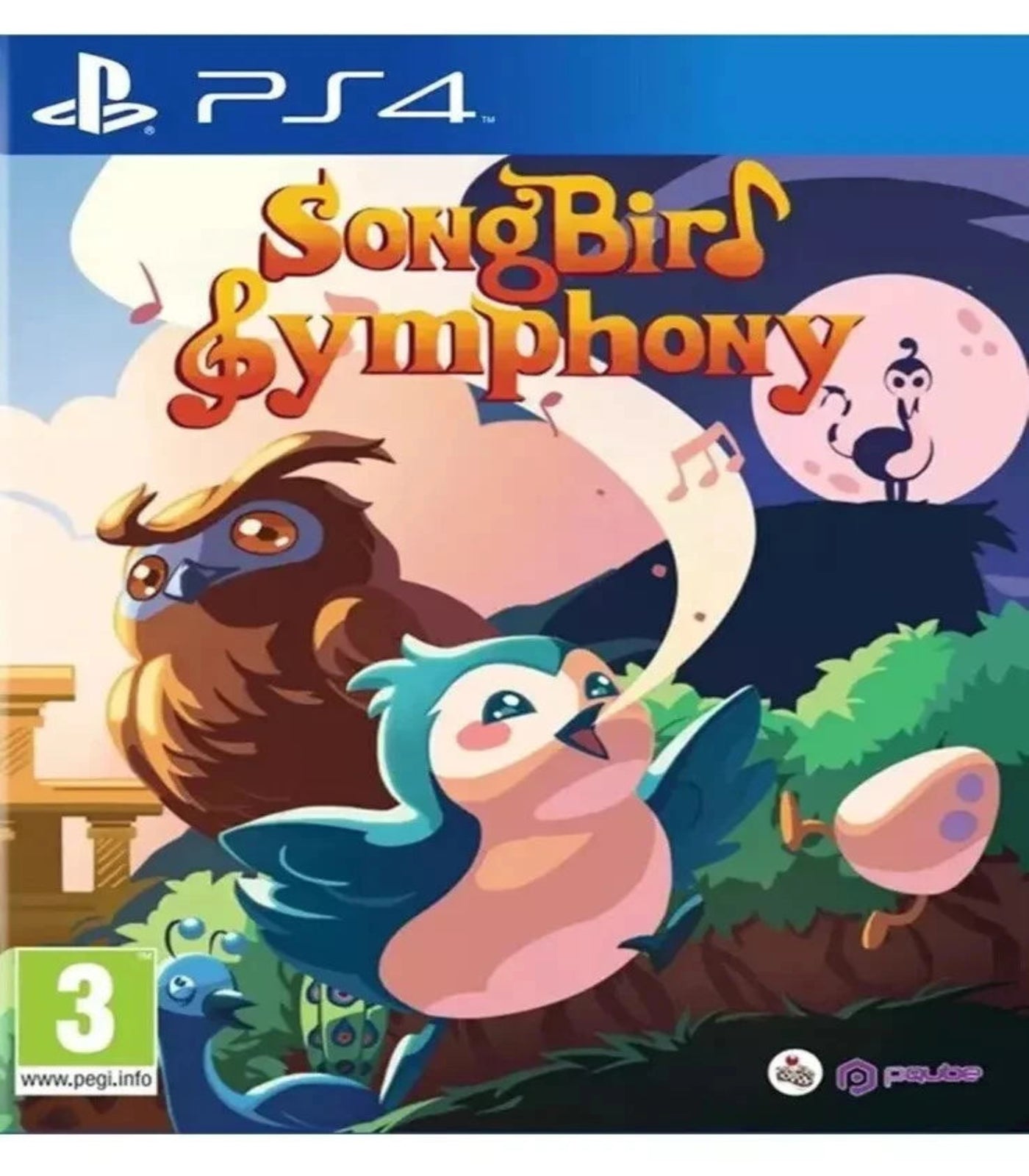 Game cover for 'Song Bird Symphony' on PS4 with cartoon birds and musical elements.