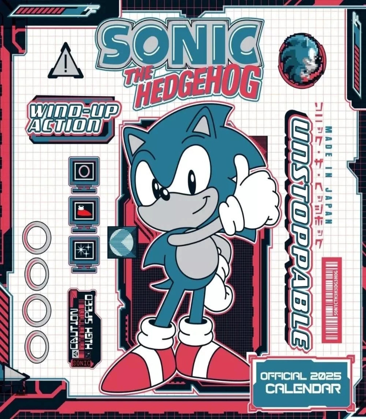Sonic the Hedgehog calendar cover with character and text on a grid background