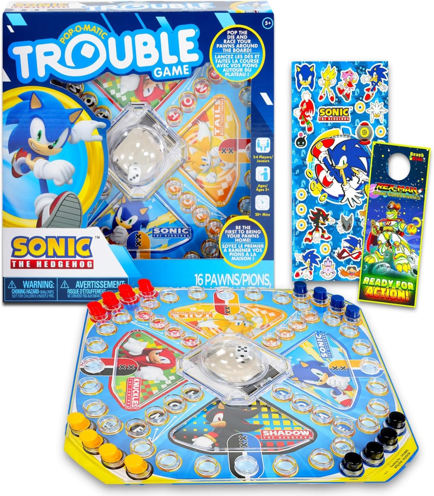 Sonic the Hedgehog Trouble board game set with packaging and pieces on a white background