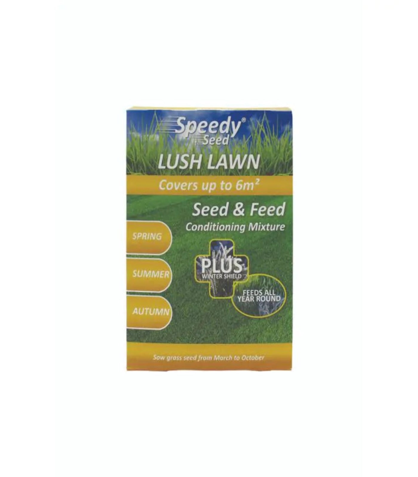 Speedy Seed Lush Lawn seed and feed packaging on a white background