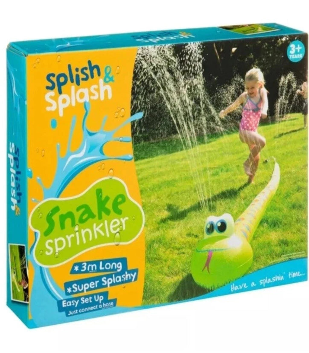 Box of a snake sprinkler toy with a child playing outdoors on the packaging.
