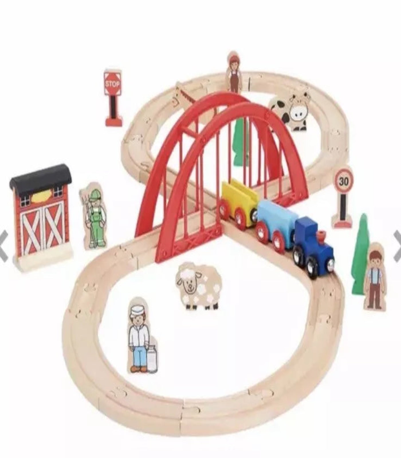 Wooden train set with tracks, train, and various accessories on a white background