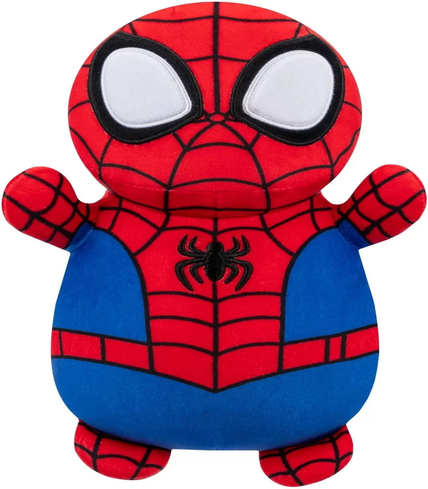 Plush toy resembling Spider-Man with red and blue costume on a white background