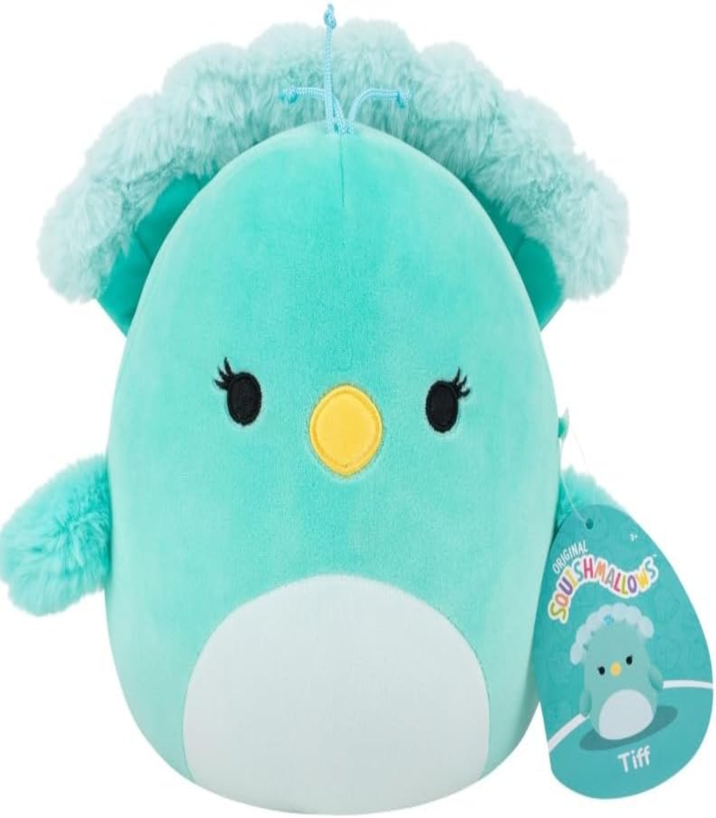 Plush toy with a blue-green body and white belly, featuring a yellow beak and black eyes, on a white background.
