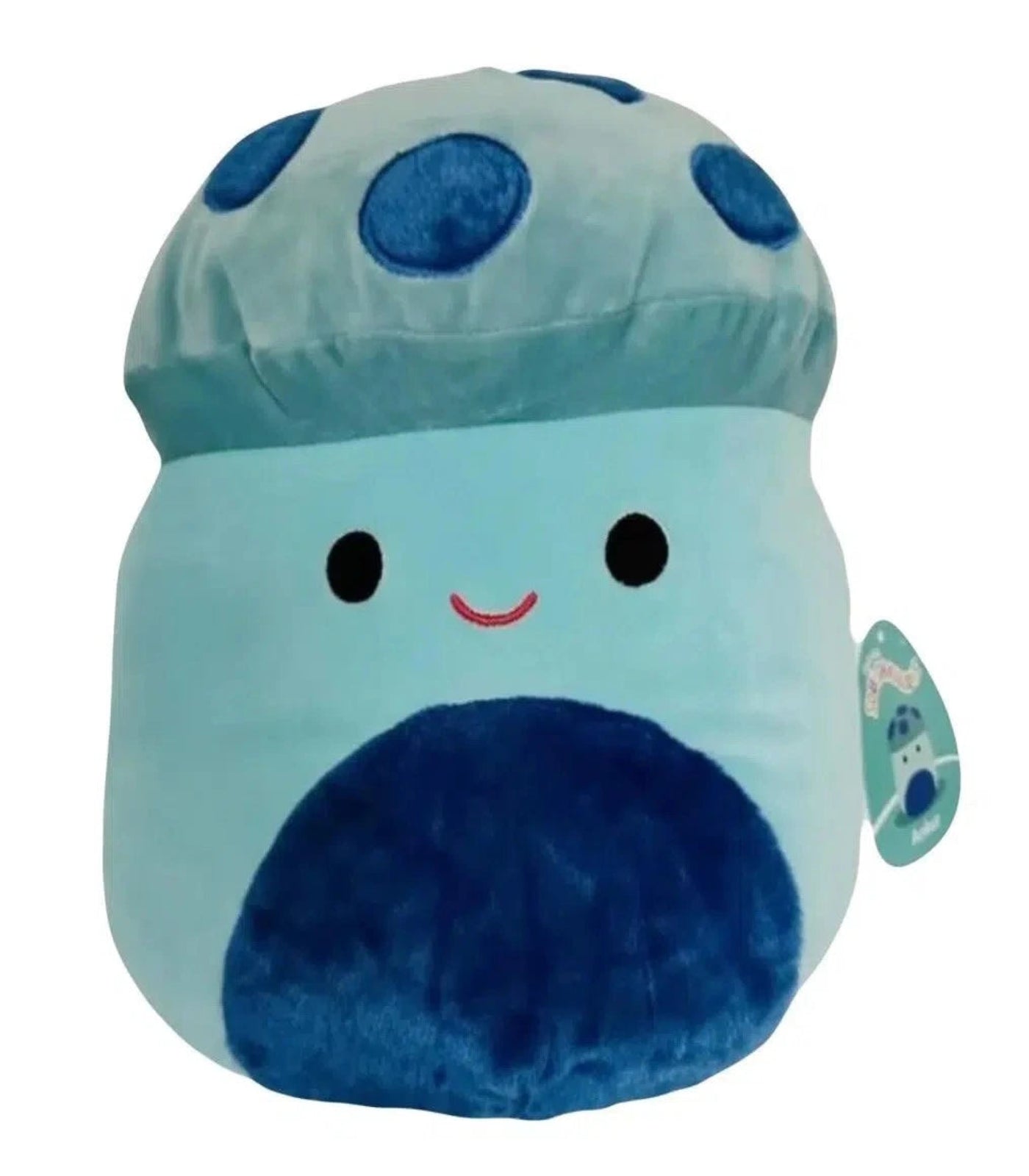 Blue plush toy with a smiling face and a tag on a white background