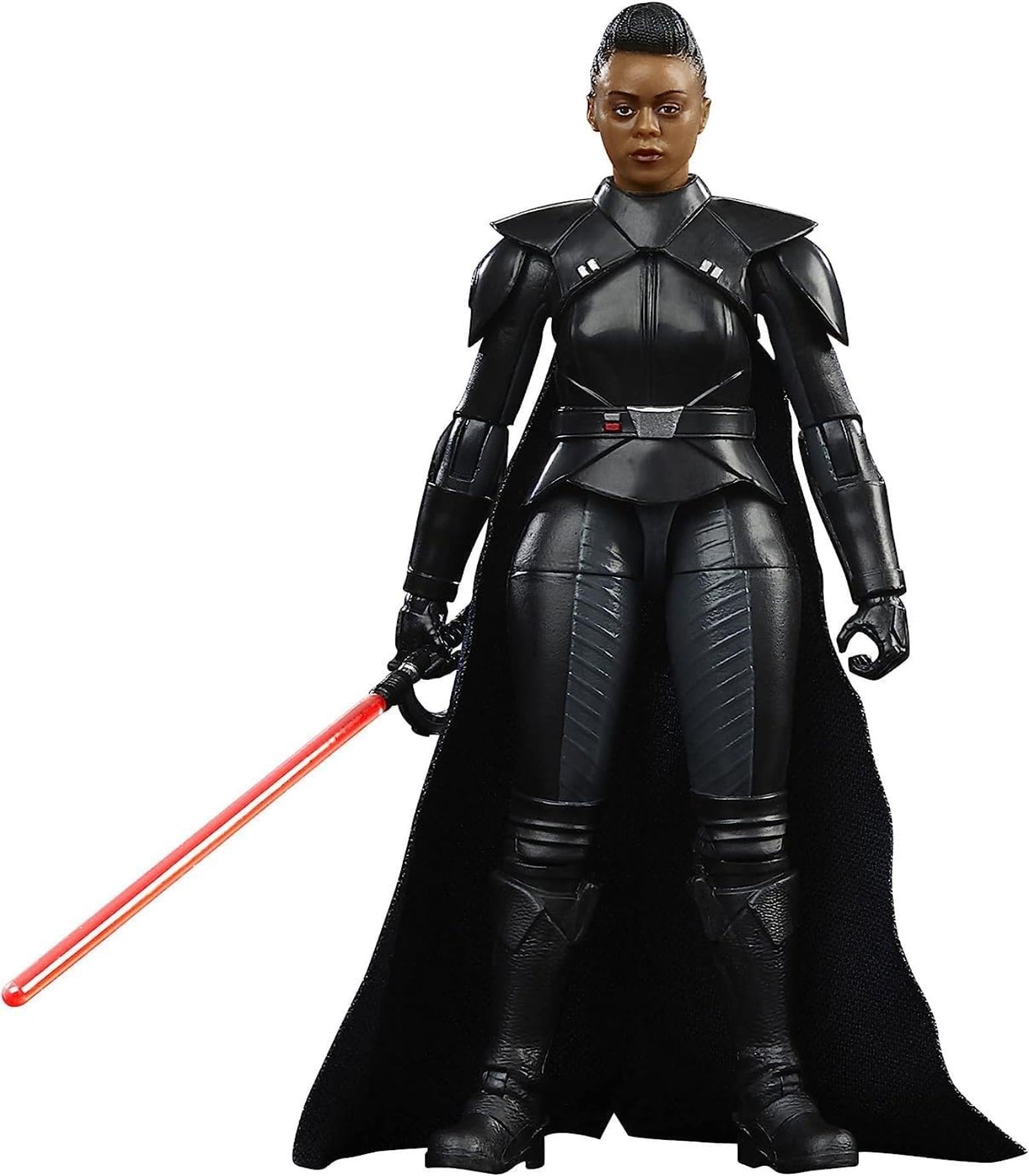 Action figure in black costume with red lightsaber on white background