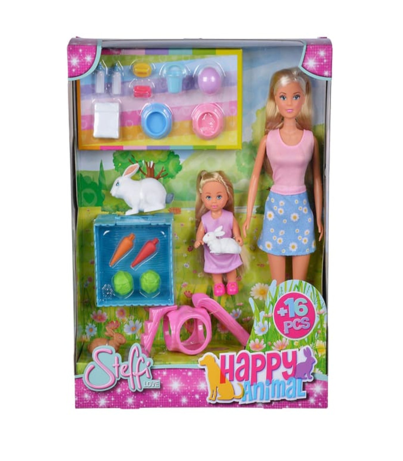 Toy set packaging with dolls, animals, and accessories on a white background