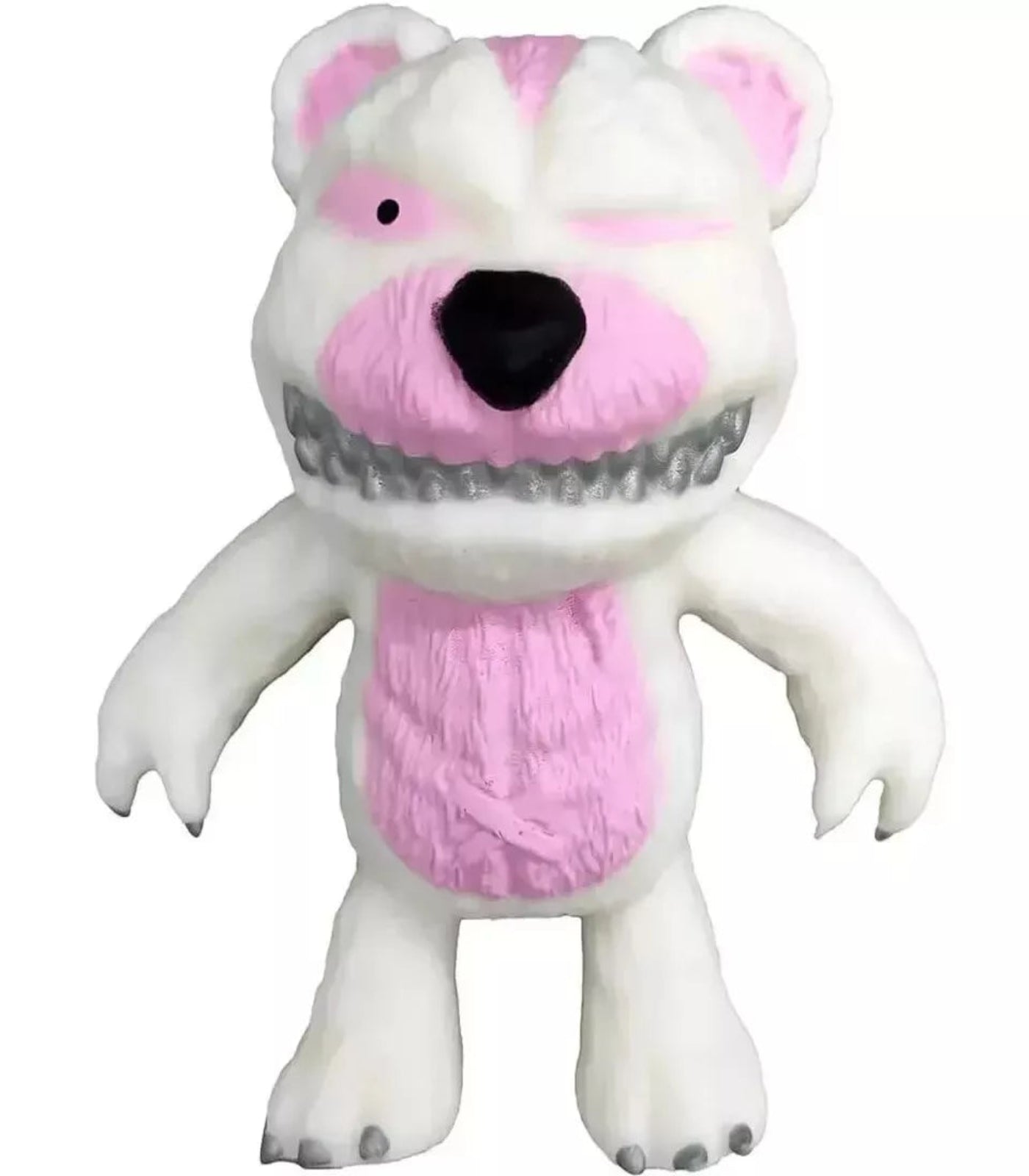 White plush toy with pink accents on a white background